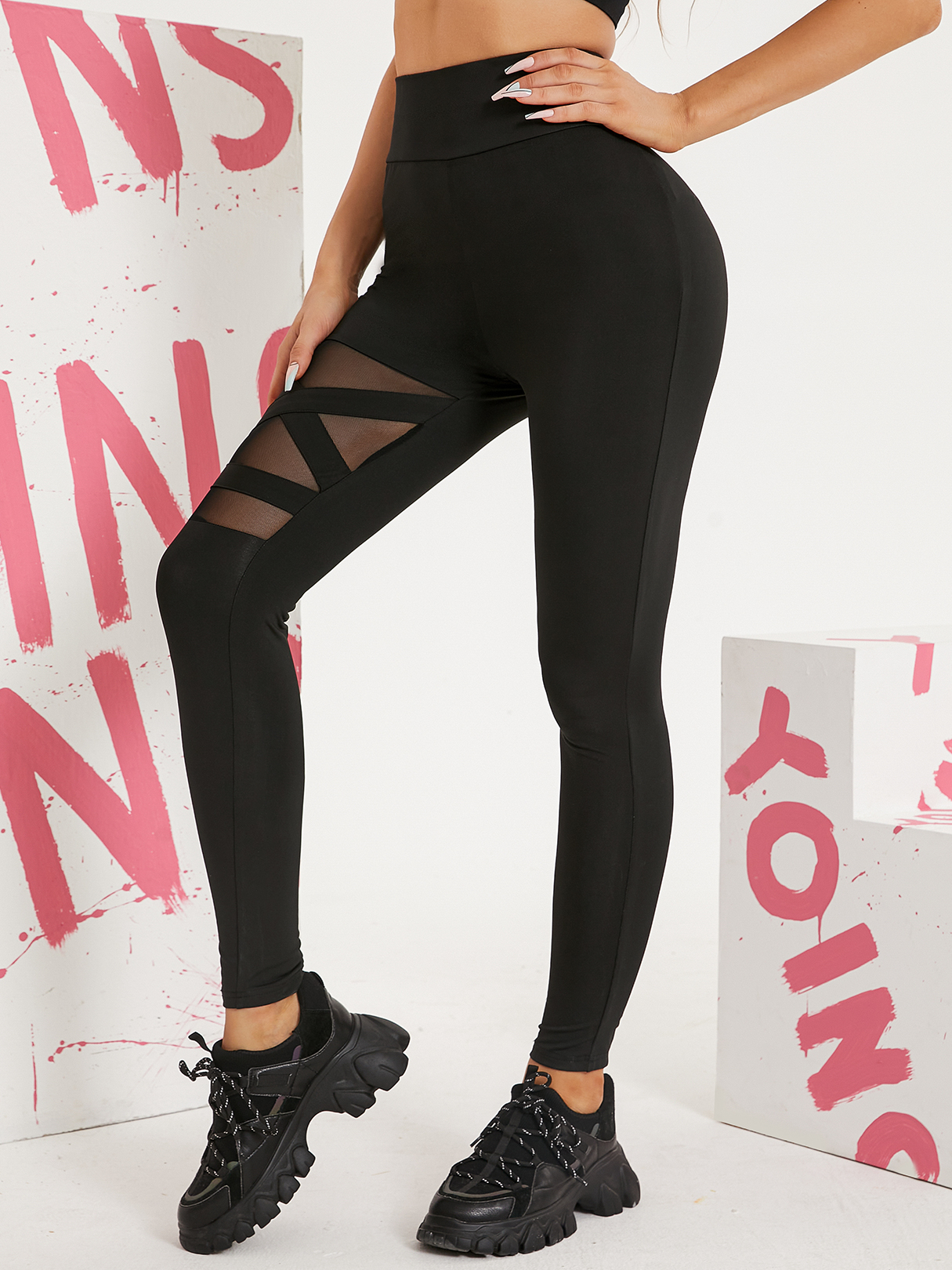 YOINS – Schwarze Mesh-Leggings mit überkreuzter Taille günstig online kaufen