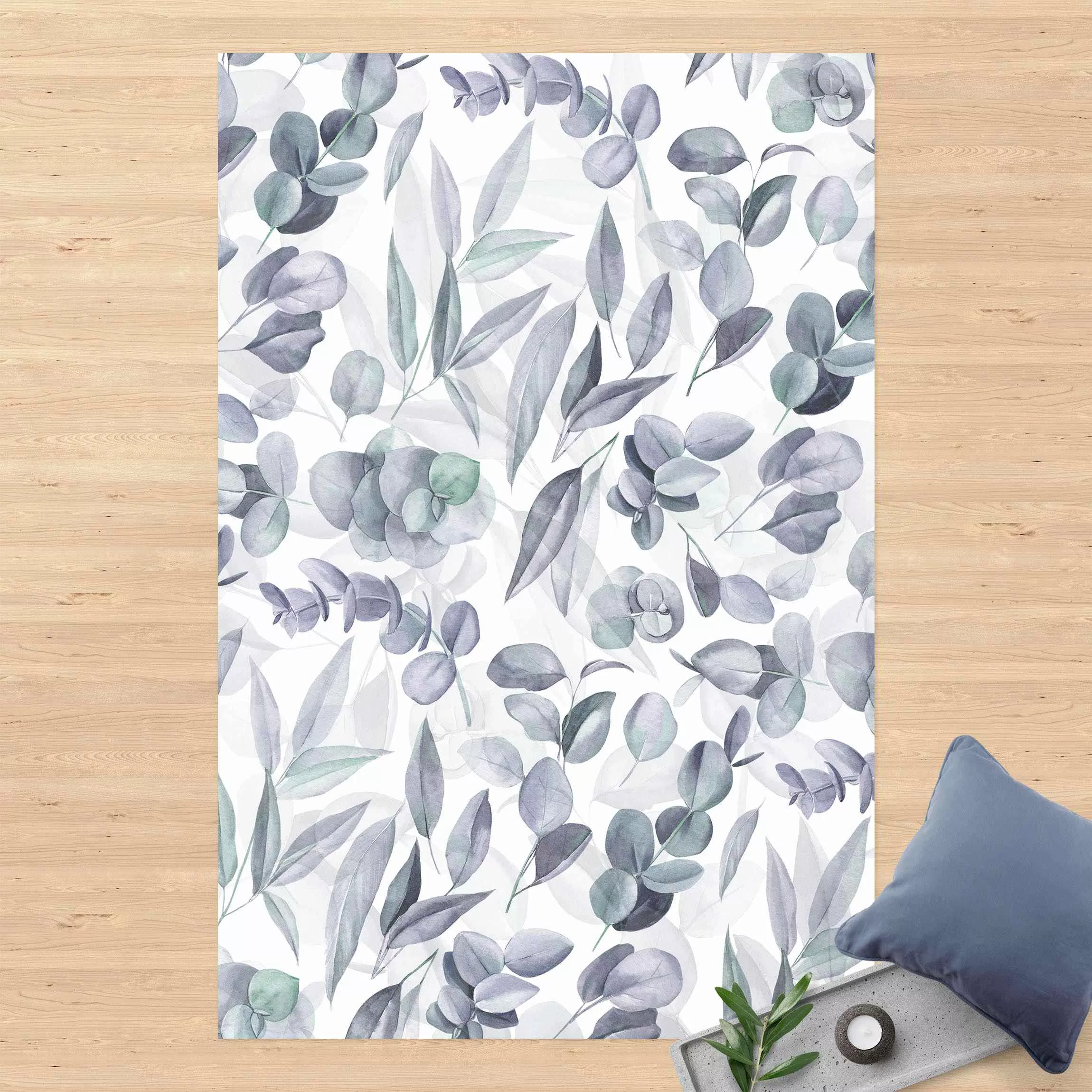 Vinyl-Teppich Blaue Eukalyptus Aquarellblätter günstig online kaufen