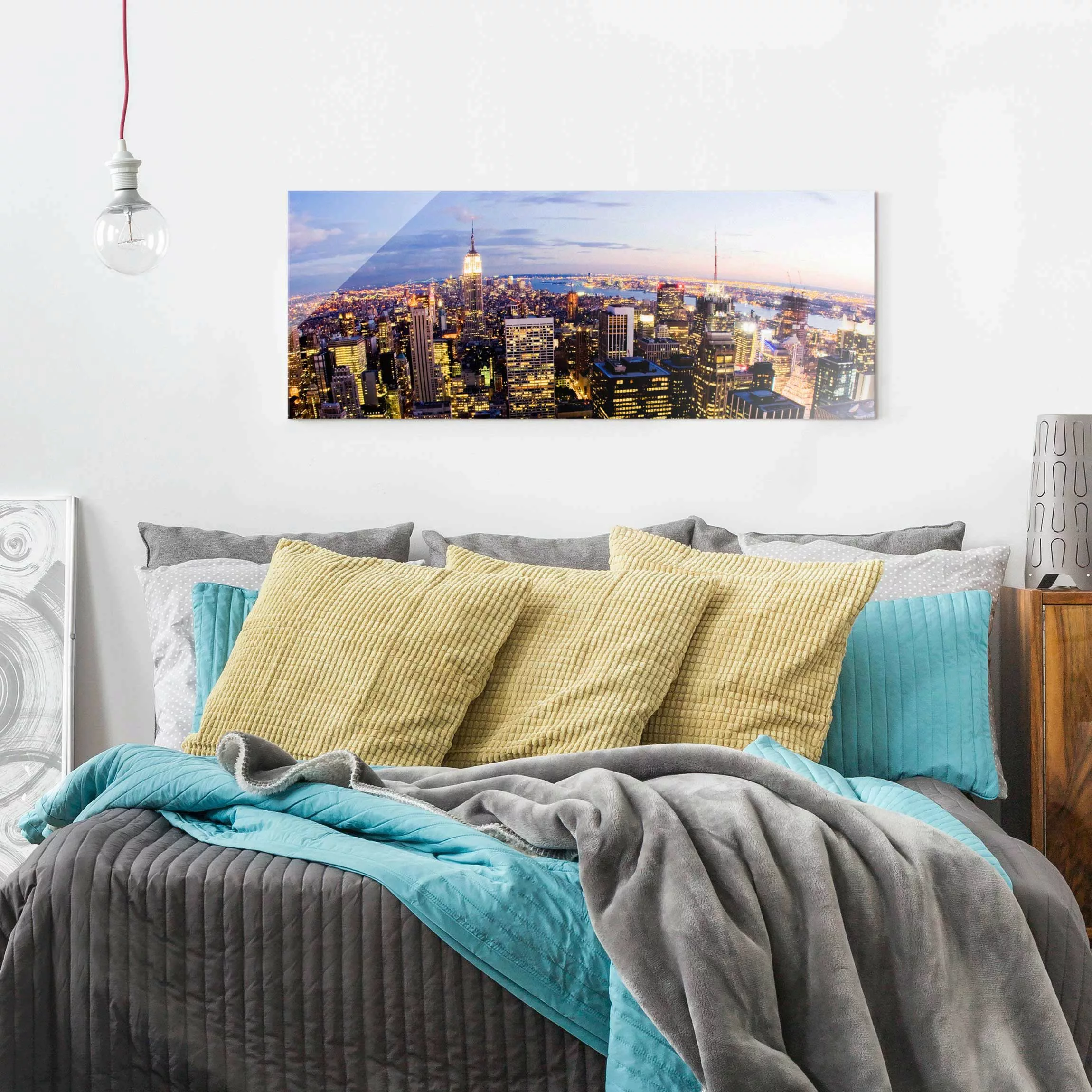 Glasbild New York - Panorama New York Skyline bei Nacht günstig online kaufen