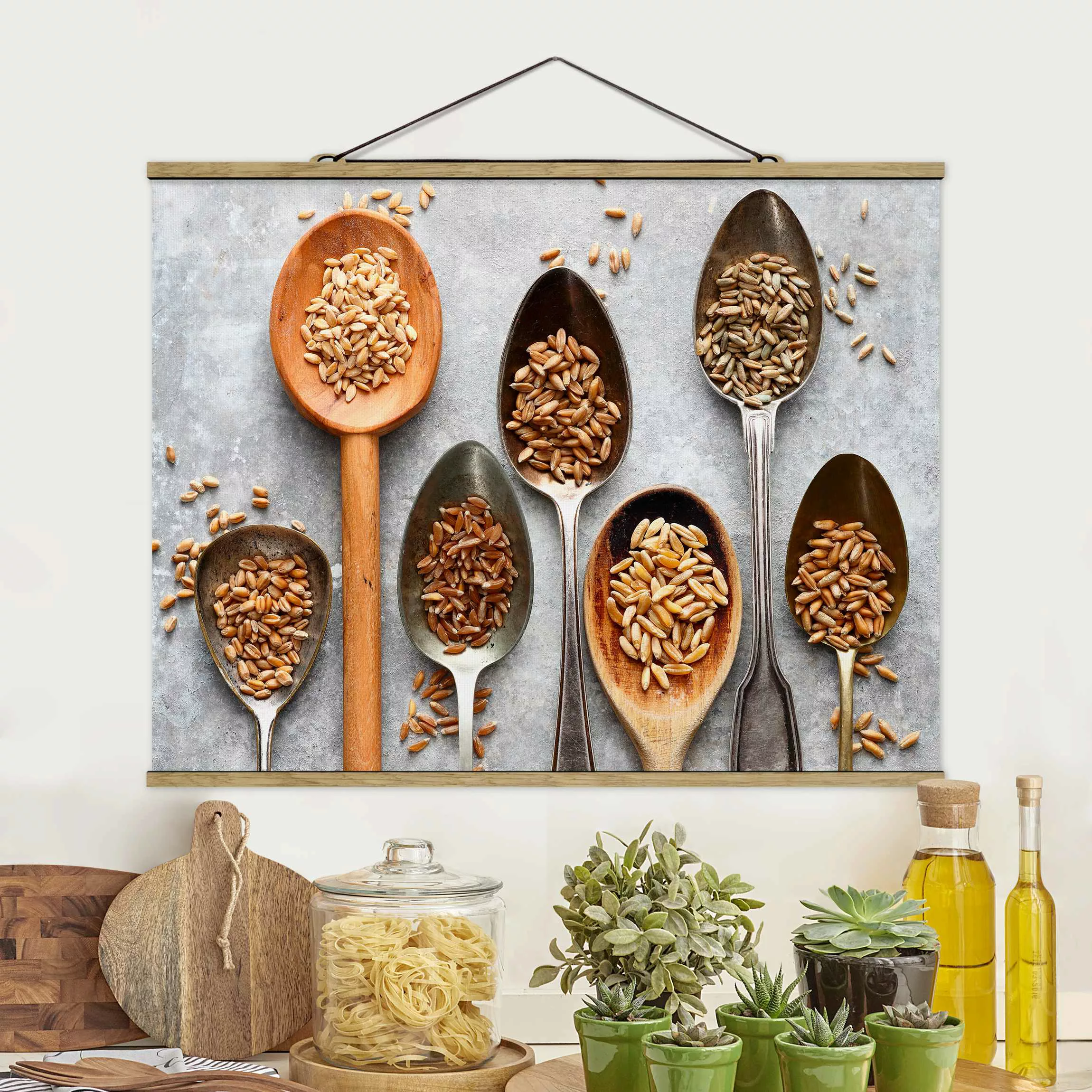 Stoffbild Küche mit Posterleisten - Querformat Getreidekörner Löffel günstig online kaufen