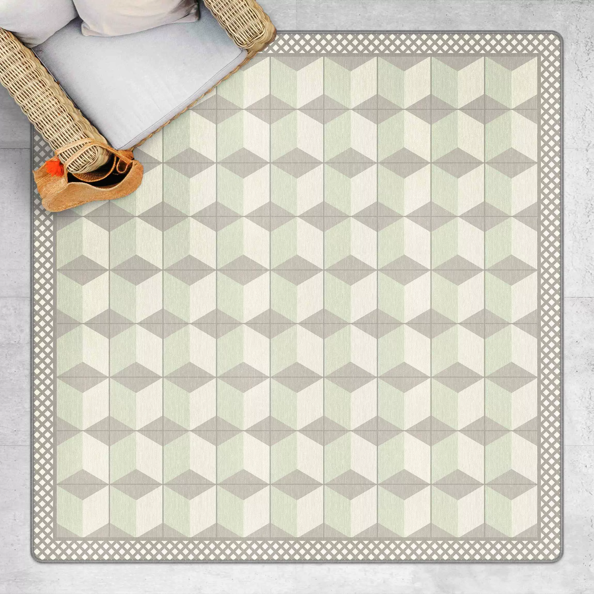 Teppich Geometrische Fliesen Stufenillusion in Mintgrün mit Bordüre günstig online kaufen