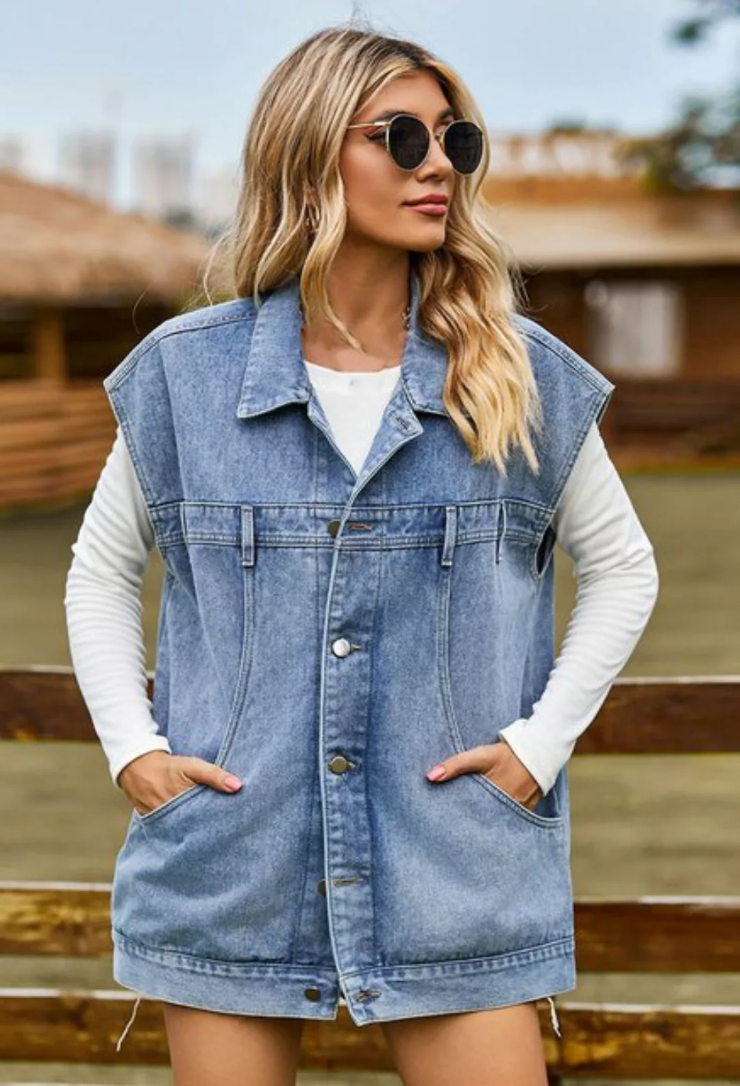 CHENIN Jeansweste Damen Denim Vest Ärmellose Denim Vest Rollkragen Ärmellos günstig online kaufen