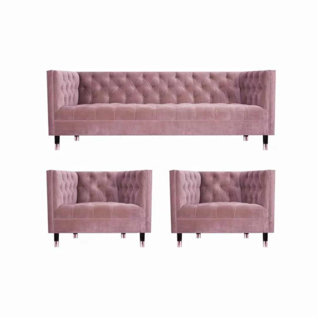 JVmoebel Chesterfield-Sofa Sofa Couch Set 3tlg Sofagarnitur Rosa Design Möb günstig online kaufen