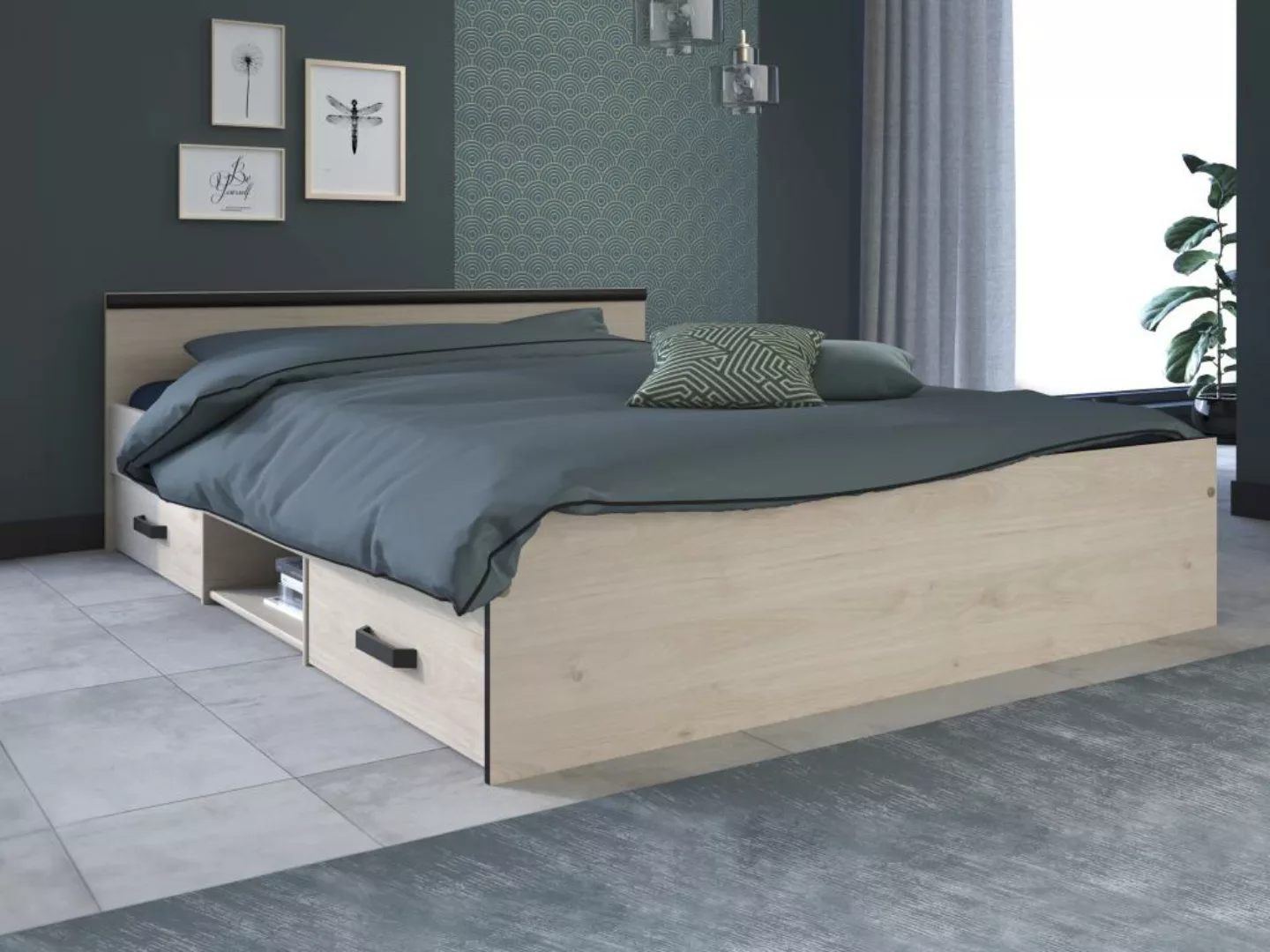 Bett mit 2 Schubladen & 1 Ablage - 140 x 190 cm - Naturfarben - PABLO günstig online kaufen