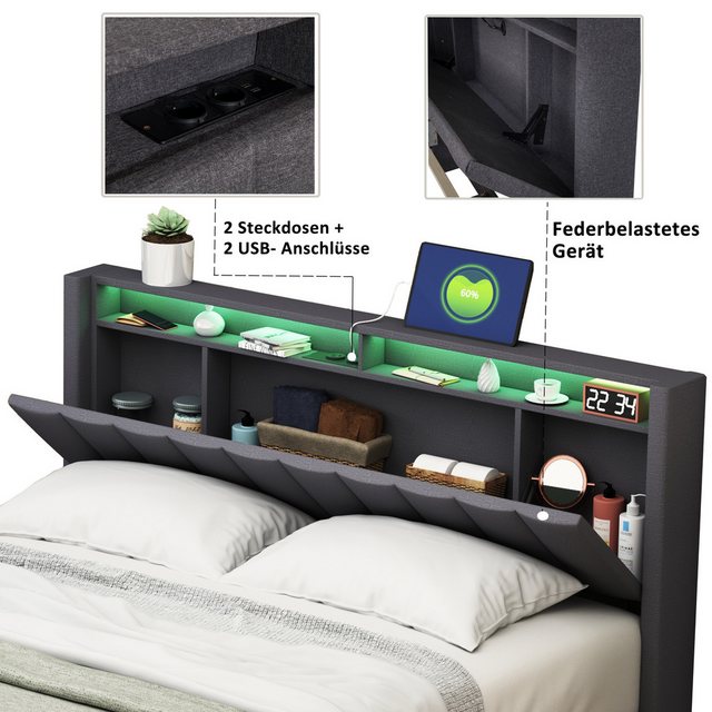 FUROKOY Polsterbett LED Doppelbett mit Ladefunktion, Stauraumkopfteil, (LED günstig online kaufen