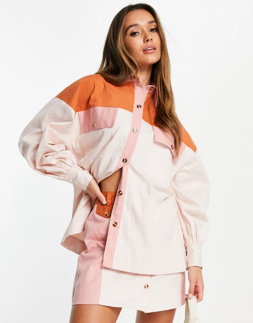 ASOS DESIGN – Oversize-Hemdjacke mit Farbblock-Design-Mehrfarbig günstig online kaufen