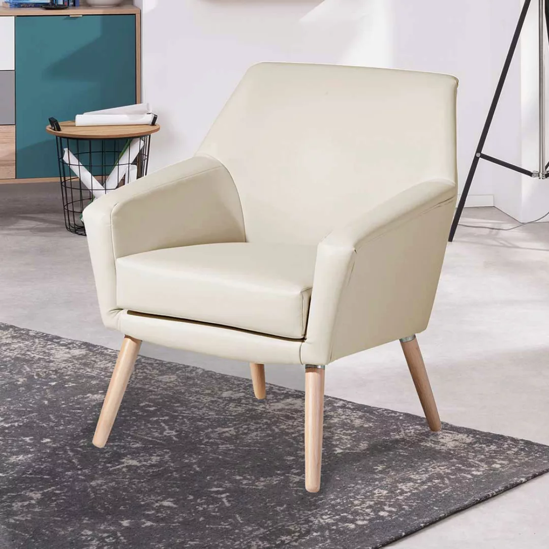 Polstersessel Beige Retro aus Kunstleder Vierfußgestell aus Holz günstig online kaufen