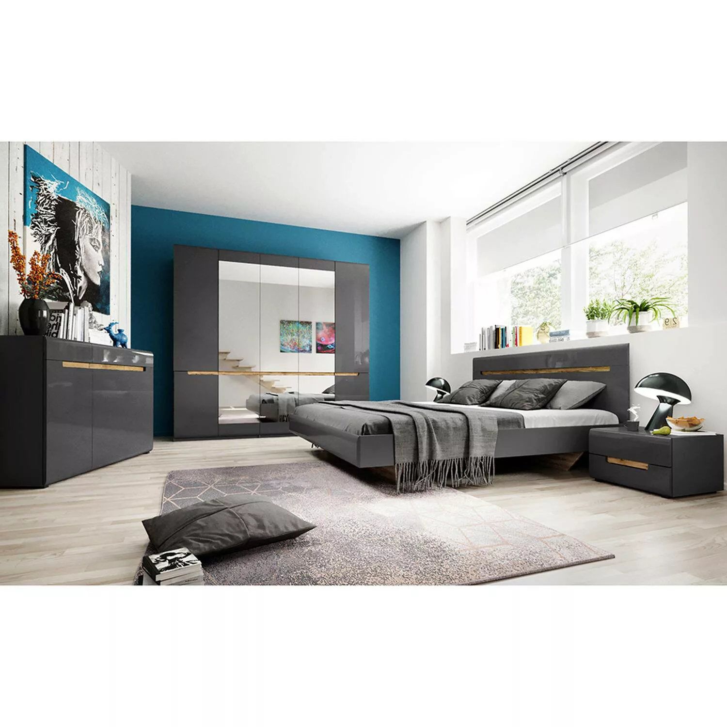 Schlafzimmer Komplett Set mit 180cm Bett in anthrazit mit anthrazit Hochgla günstig online kaufen