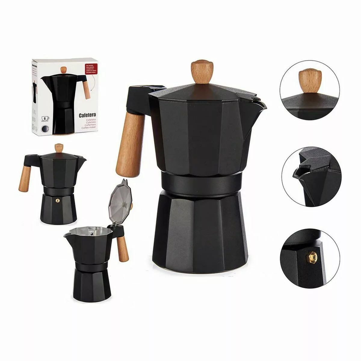 Italienische Kaffeemaschine 6 Tassen Holz Aluminium günstig online kaufen