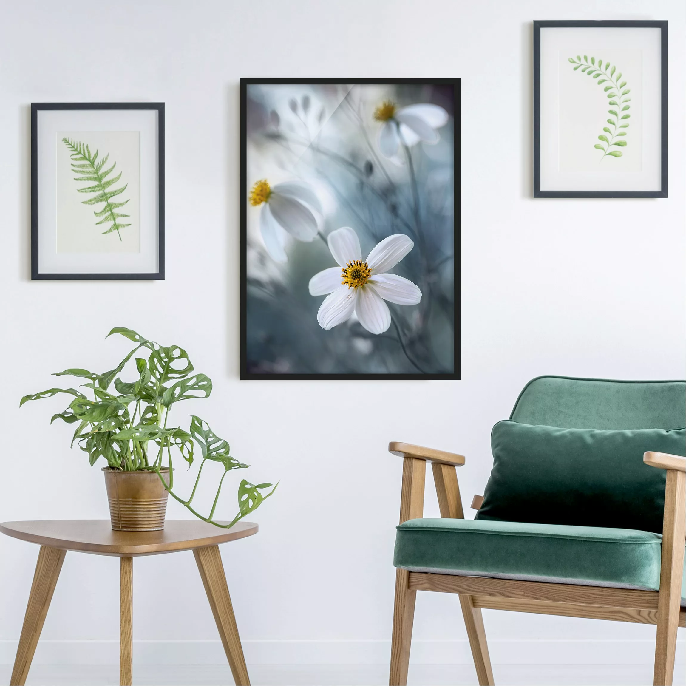 Bild mit Rahmen Blumen - Hochformat Kosmeen in Pastell günstig online kaufen