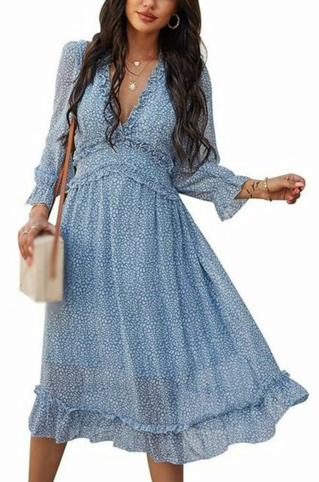 AFAZ New Trading UG Sommerkleid Damen Lange Kleid Rüschen Langarm V-Ausschn günstig online kaufen