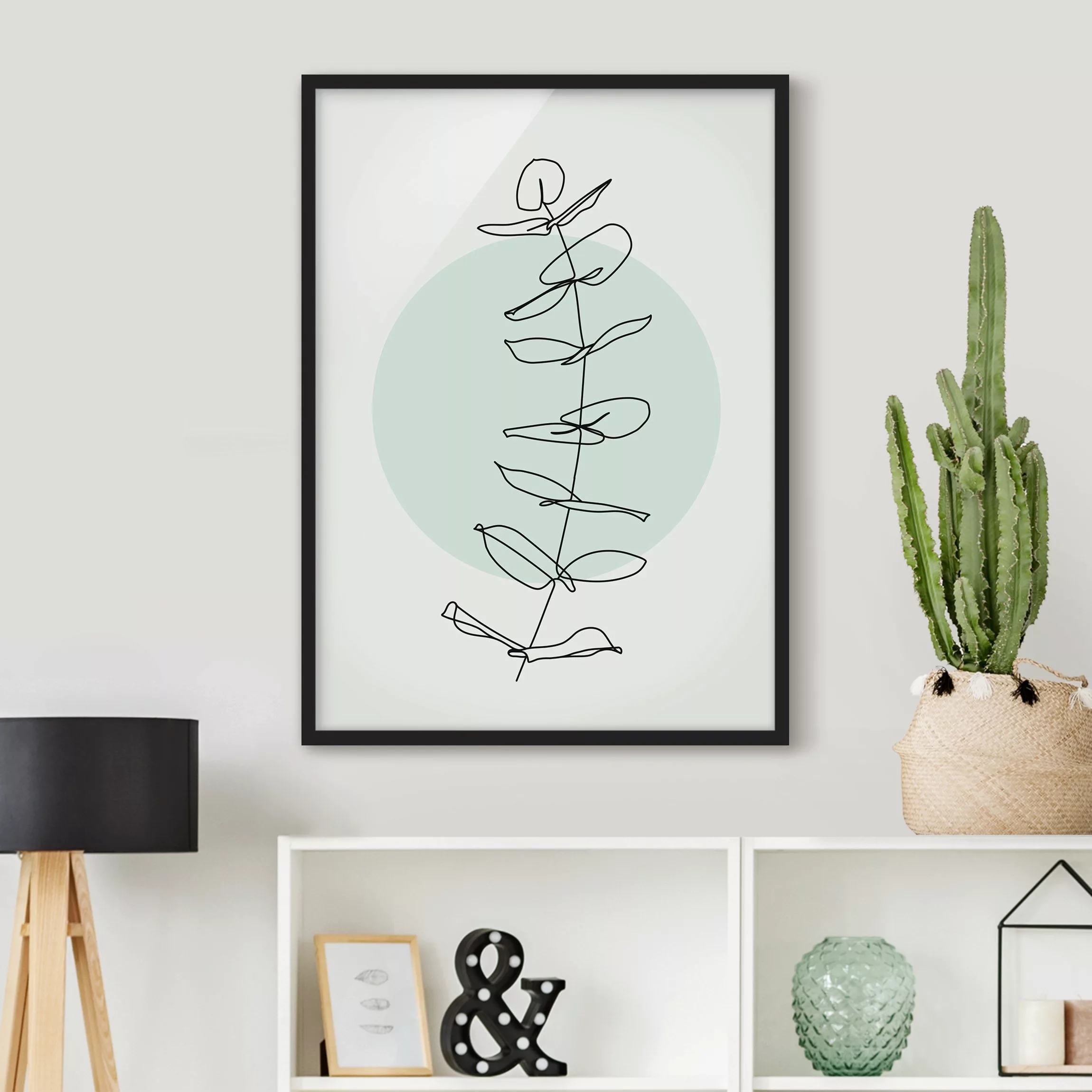 Bild mit Rahmen Blumen - Hochformat Zweig Geometrie Kreis Line Art günstig online kaufen