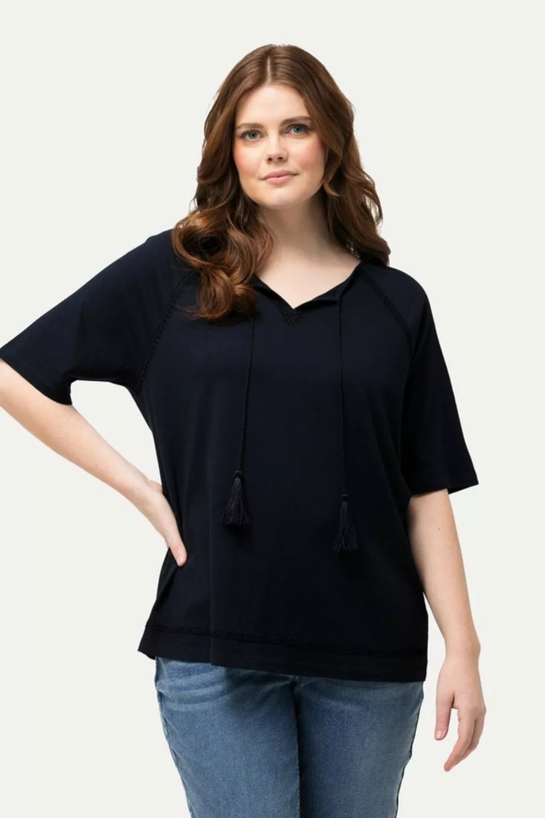 Ulla Popken Druckbluse Jersey-Tunika Stickerei Tunika-Ausschnitt Halbarm günstig online kaufen