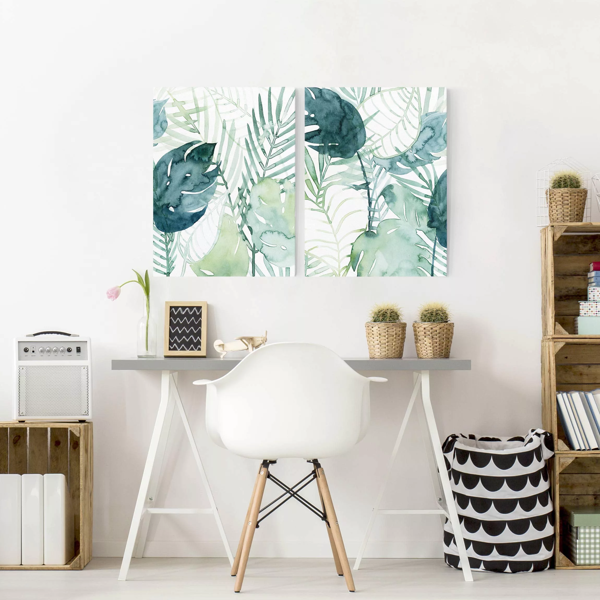 2-teiliges Leinwandbild Botanik - Hochformat Palmwedel in Wasserfarbe Set I günstig online kaufen