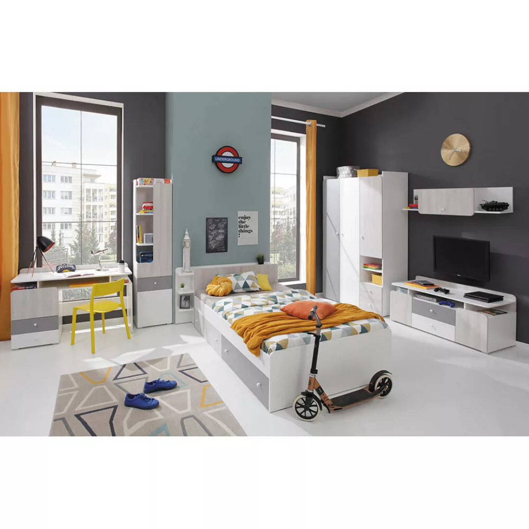 Jugendzimmer Set 6-teilig mit Schreibtisch weiß, Eiche hell, grau COLLINS-1 günstig online kaufen