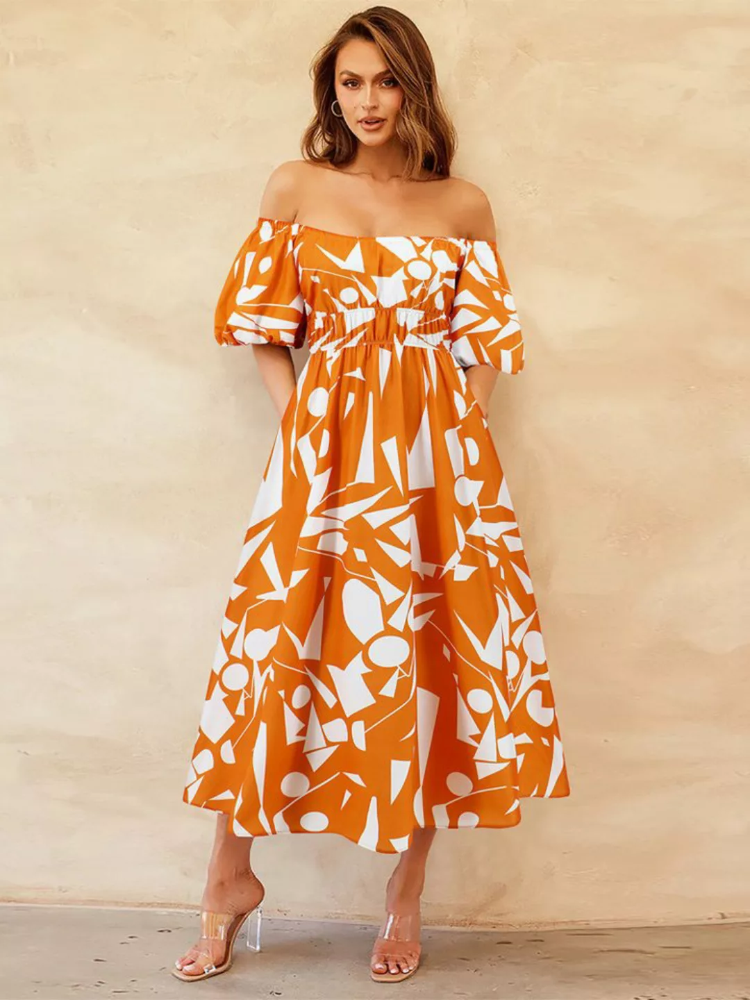 KIKI Midikleid Elegantes langes Kleid mit bedruckten Puffärmeln günstig online kaufen