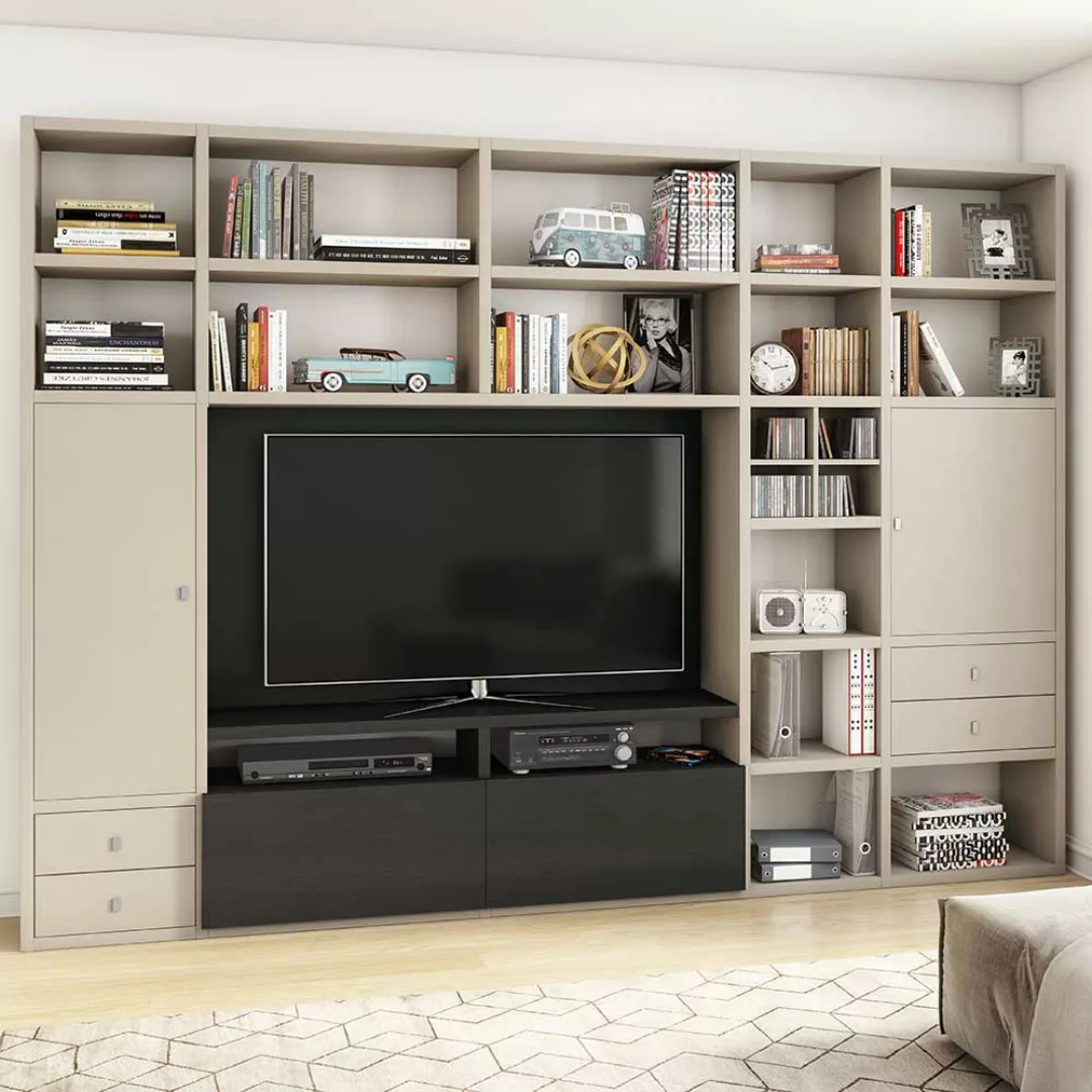 TV Regal in Beige und Eiche Schwarz Braun 310 cm breit günstig online kaufen