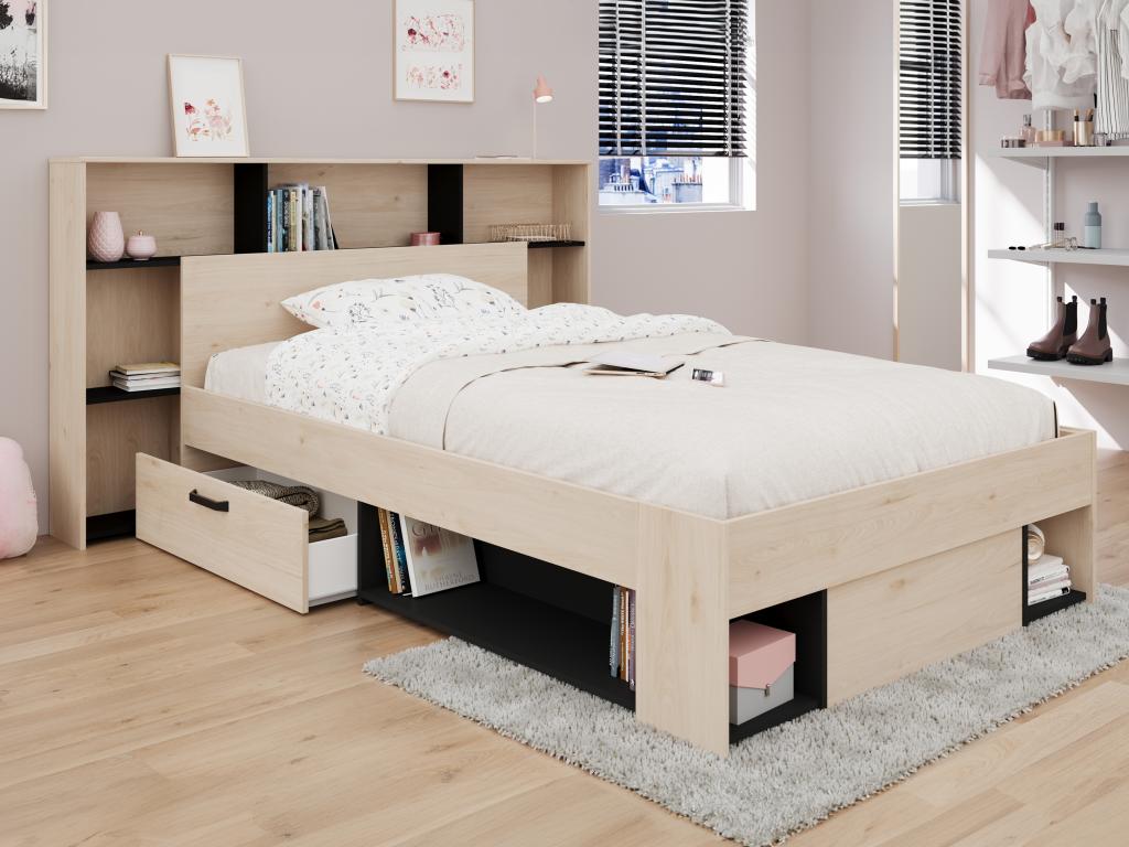 Bett-Kopfteil mit Stauraum - 140 cm - Holzfarben & Schwarz - KINSELIA günstig online kaufen