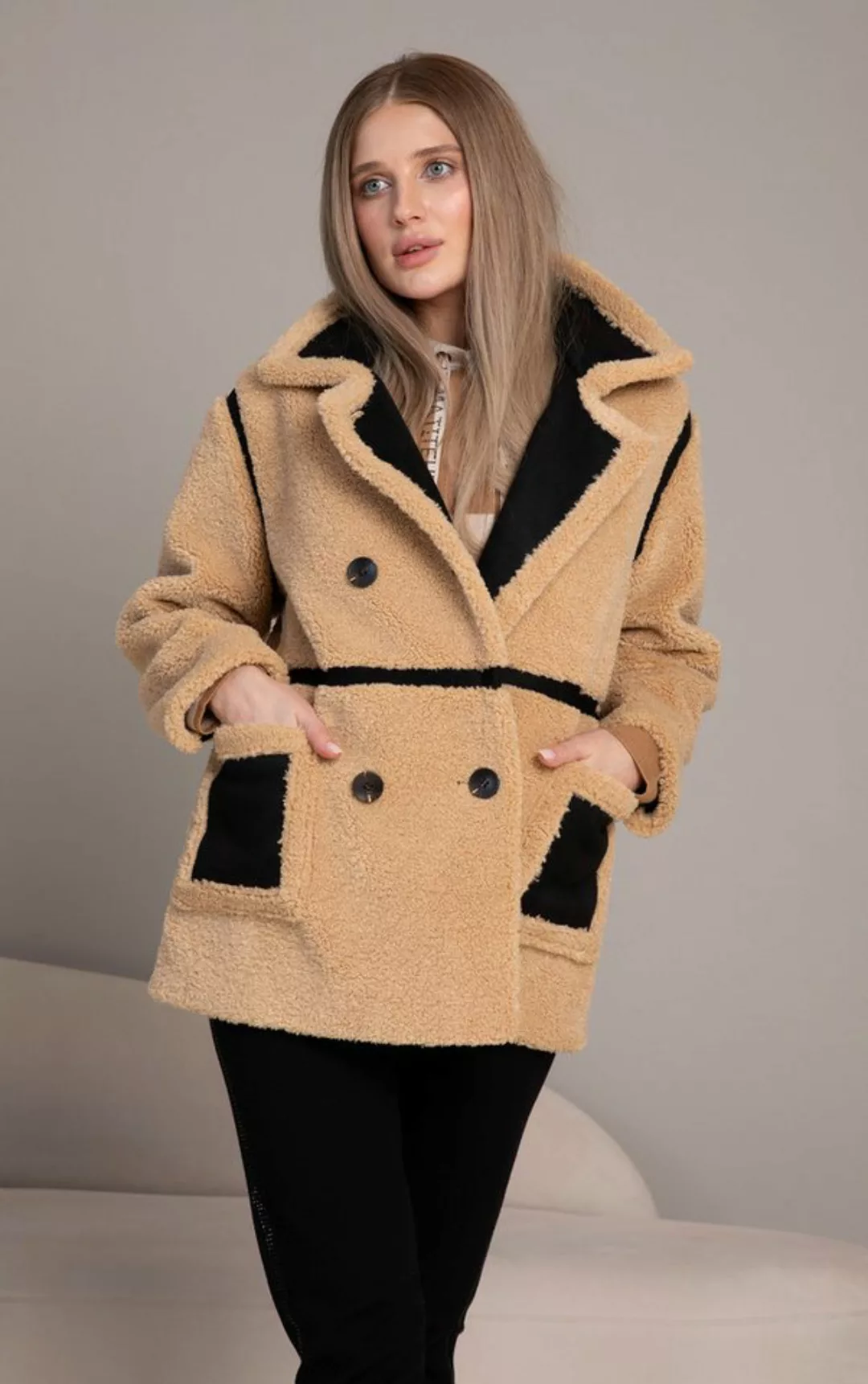 Passioni Winterjacke Teddyfleece Jacke in Beige mit zwei Vordertaschen günstig online kaufen