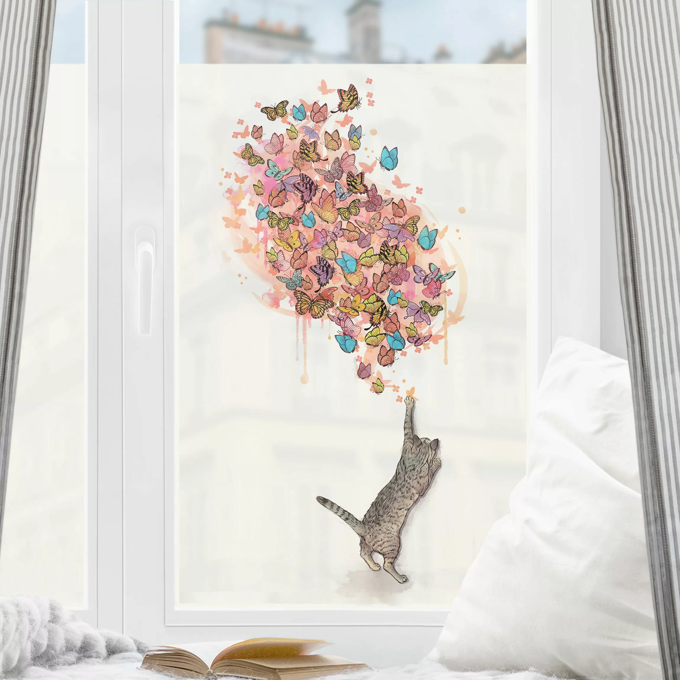 Fensterfolie Illustration Katze mit bunten Schmetterlingen Malerei günstig online kaufen
