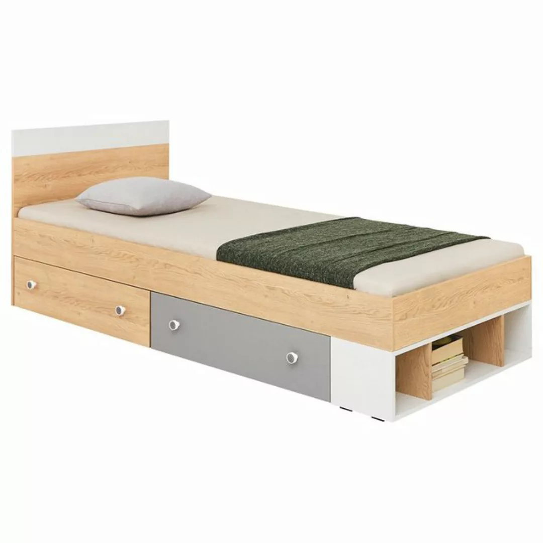 Kinderzimmer Bett 90x200cm Liegefläche, Eiche mit weiß und grau PINETO-133 günstig online kaufen