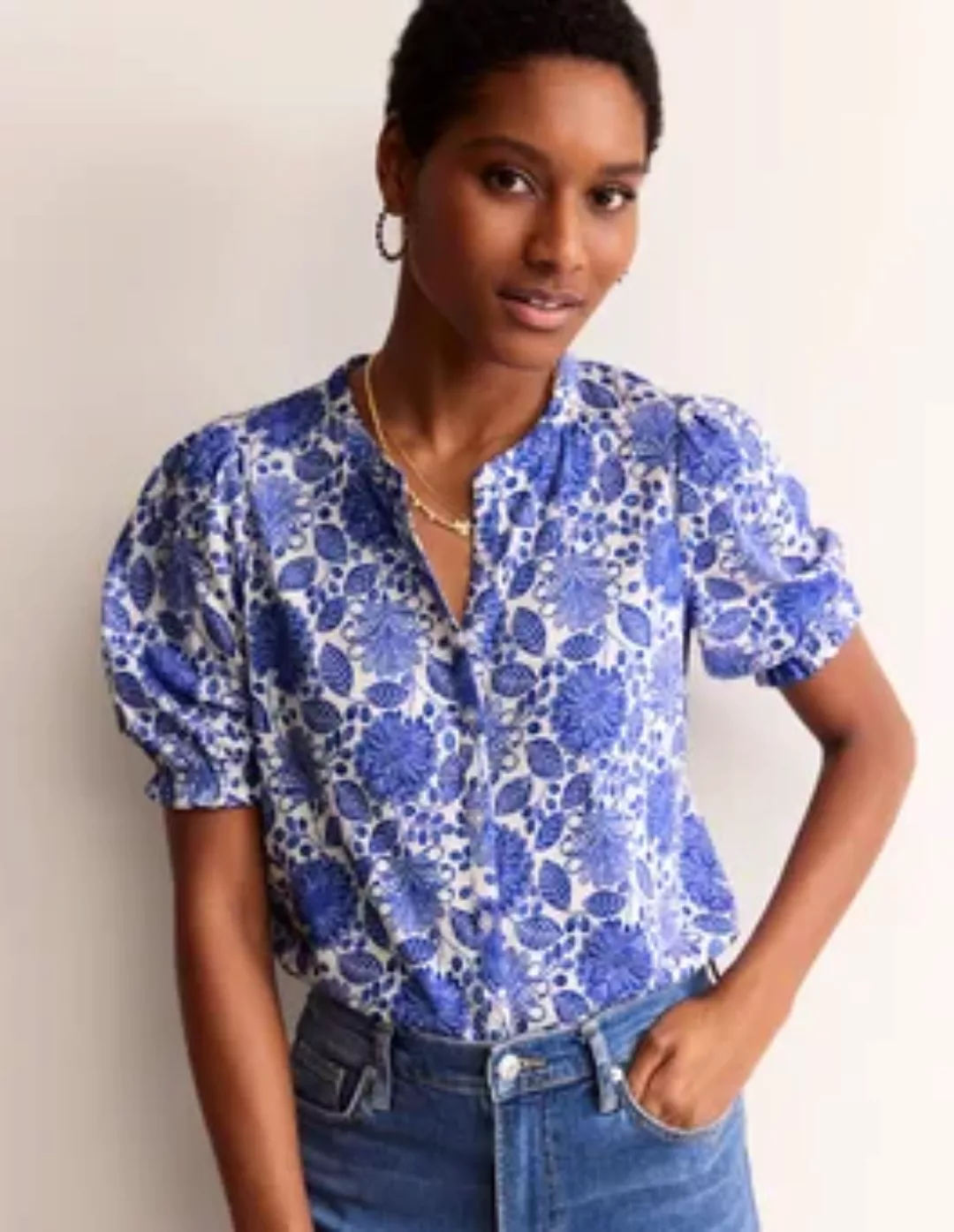 Dolly Jersey-Hemd mit Puffärmeln Damen Boden, Blau und Naturweiß, Gardenia günstig online kaufen