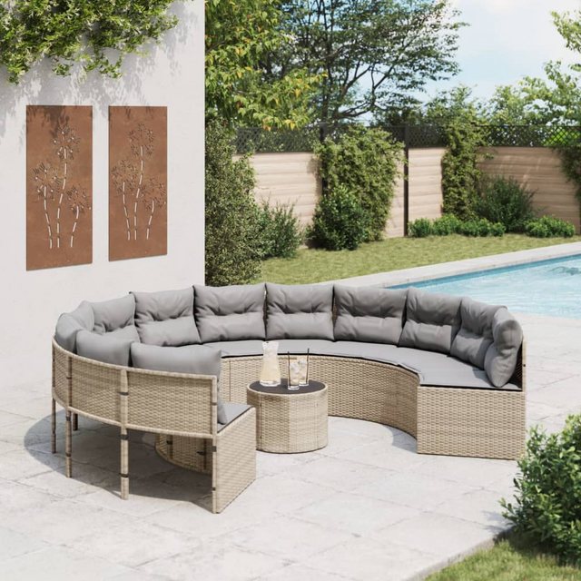 vidaXL Sofa Gartensofa mit Tisch und Kissen Rund Beige Poly-Rattan günstig online kaufen