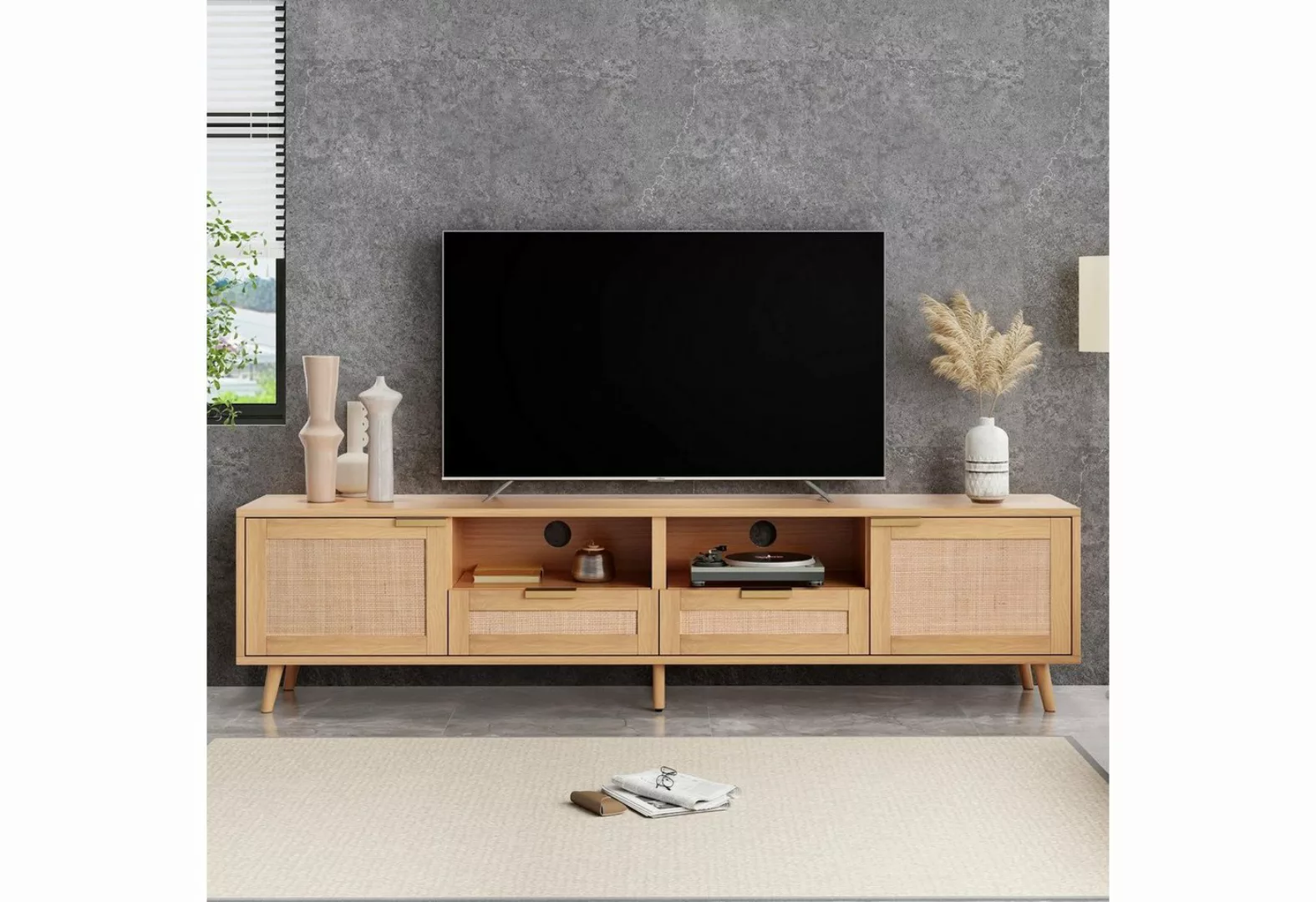 Celya TV-Schrank TV-Konsolentisch mit echtem Rattandesign, massiven Holzfüß günstig online kaufen