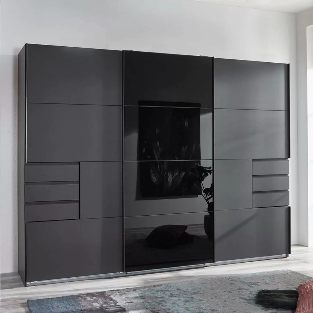 Schwebetürenschrank 3-türig 270cm, graphit mit schwarzem Glas, STRATFORD-43 günstig online kaufen