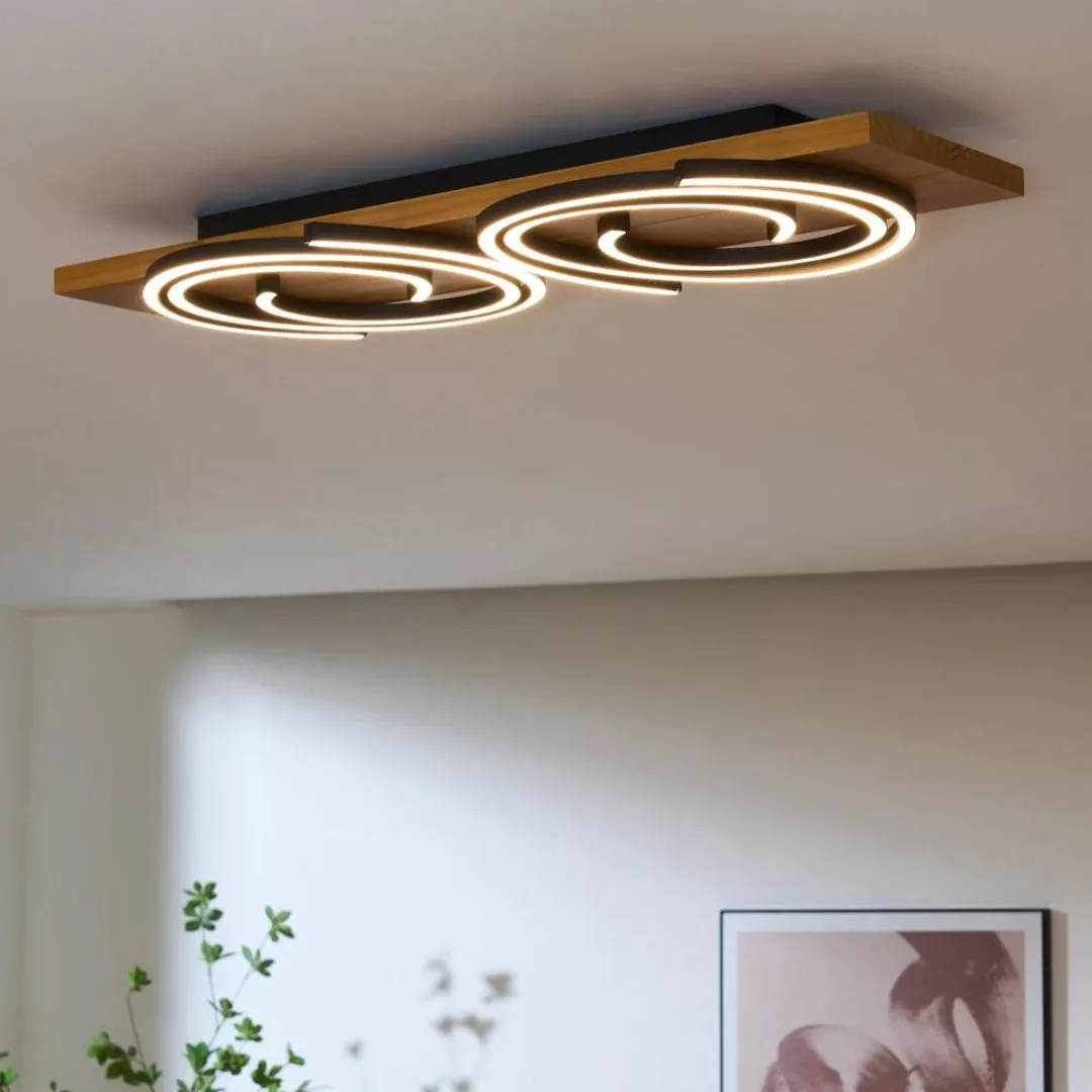 LED-Deckenleuchte Rifia, braun, Länge 70 cm, 2-flg. Holz günstig online kaufen