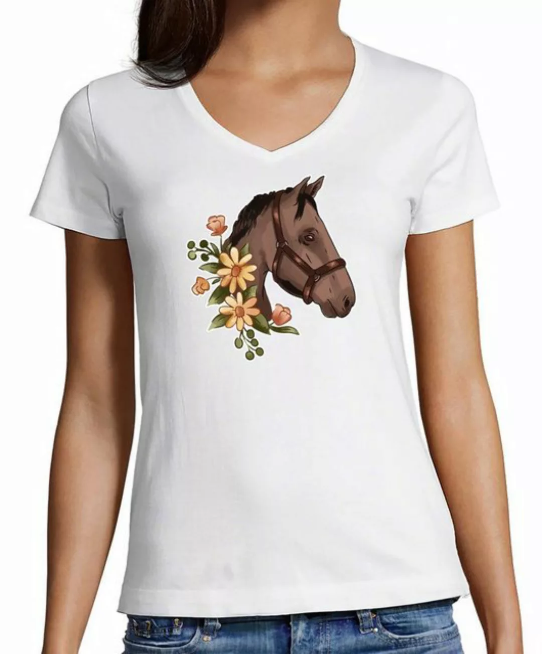 MyDesign24 T-Shirt Damen Pferde Print Shirt - Dunkelbraunes Pferd mit Blume günstig online kaufen