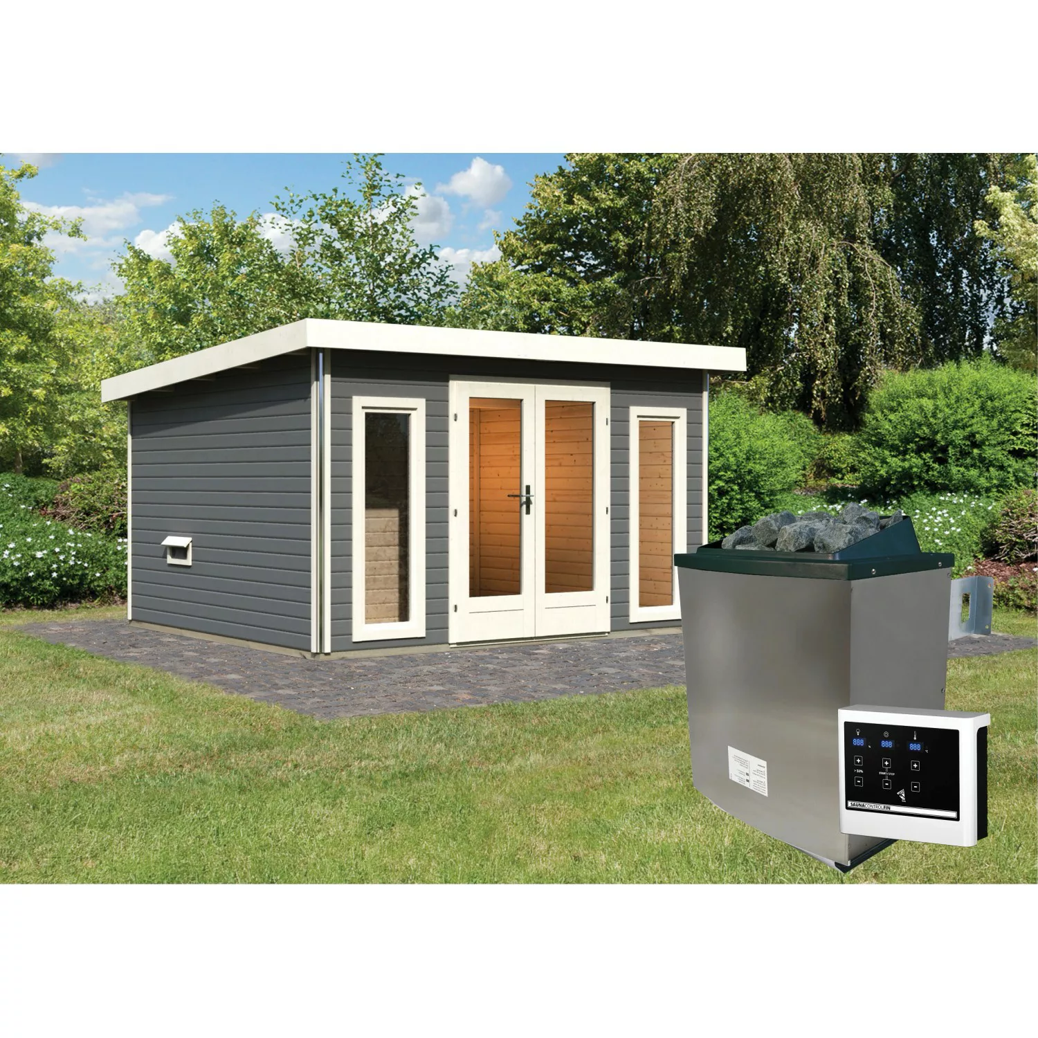 Karibu Saunahaus Magnus 2 Terragrau mit Ofen 9 kW Ext. Strg. günstig online kaufen