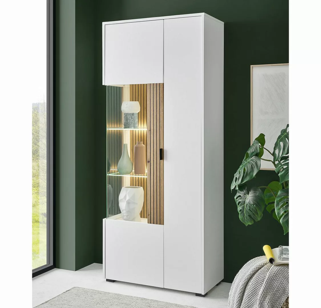 Lomadox Stauraumschrank Vitrine Standvitrine weiß matt Eiche gerillt 75x180 günstig online kaufen