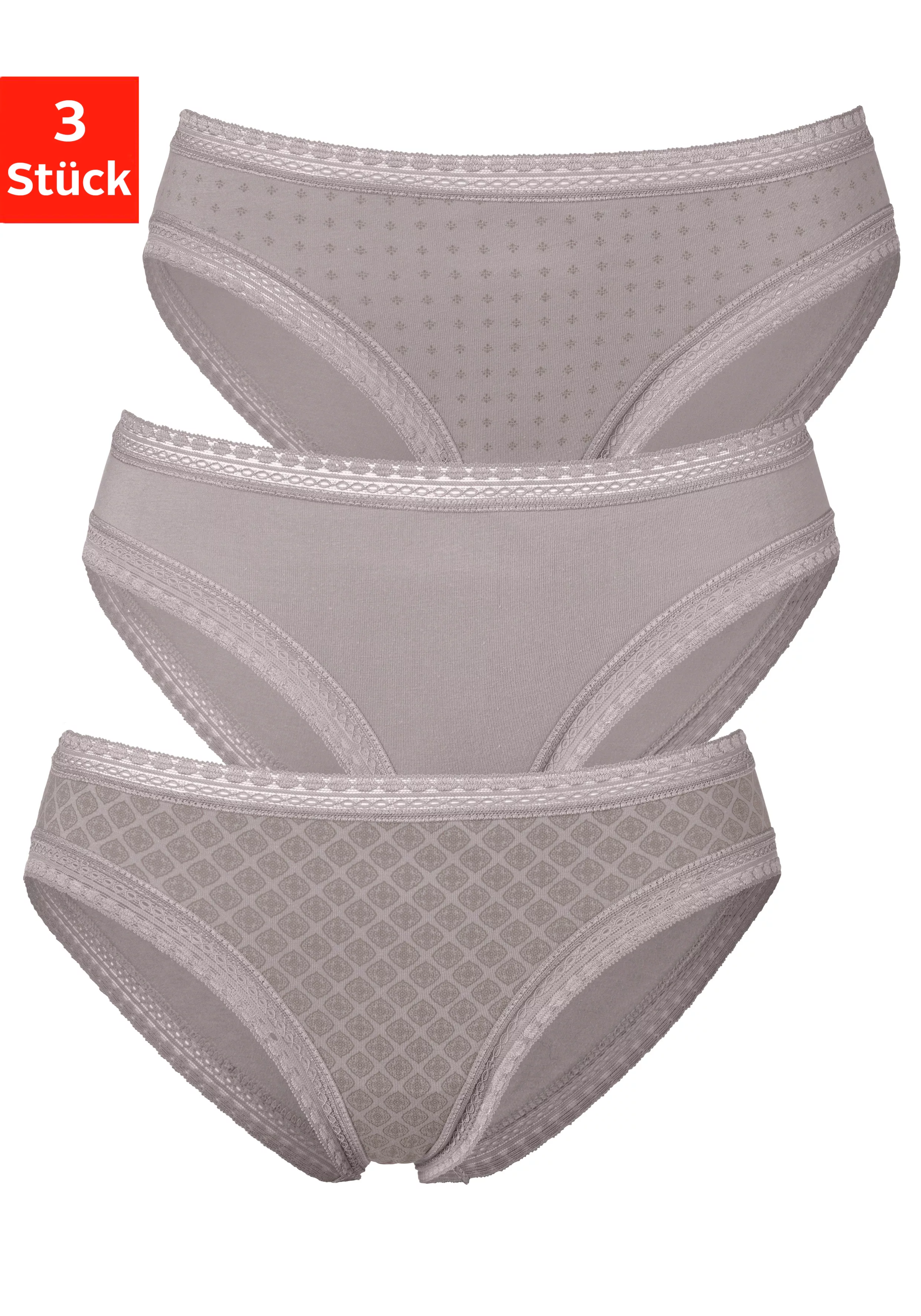 LASCANA Bikinislip, (3er-Pack), aus elastischer Baumwolle mit weicher Spitz günstig online kaufen