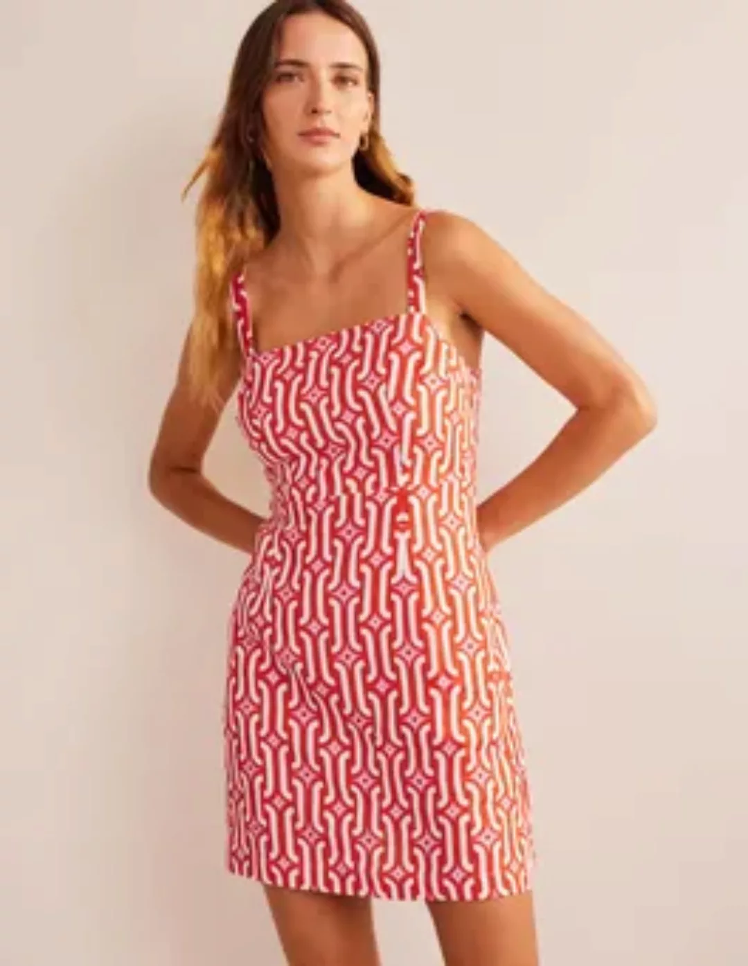 Leinen-Minikleid mit Trägern Damen Boden, Blutorange, Geometrisches Muster günstig online kaufen
