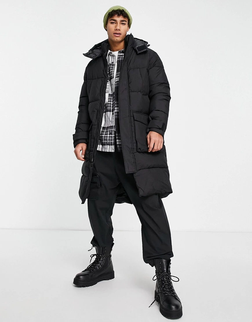 Jack & Jones Originals – Schwere, lange Pufferjacke mit Kapuze in Schwarz günstig online kaufen