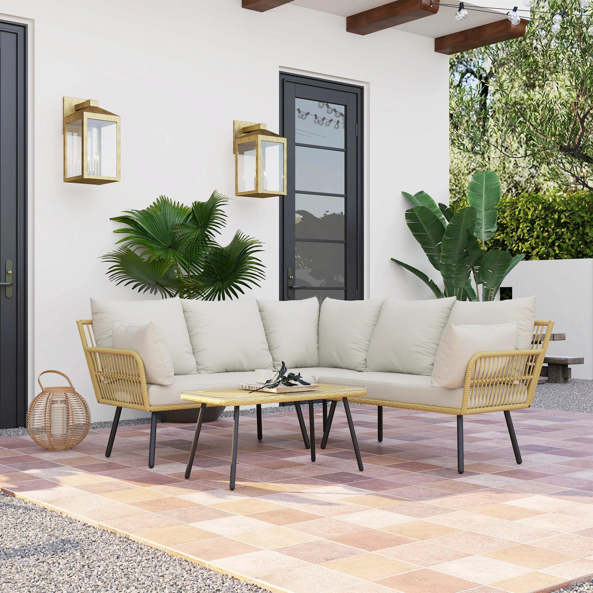 Outsunny Gartenlounge Ecksofa 5-Sitzer aus Poly-Rattan mit Kissen und recht günstig online kaufen