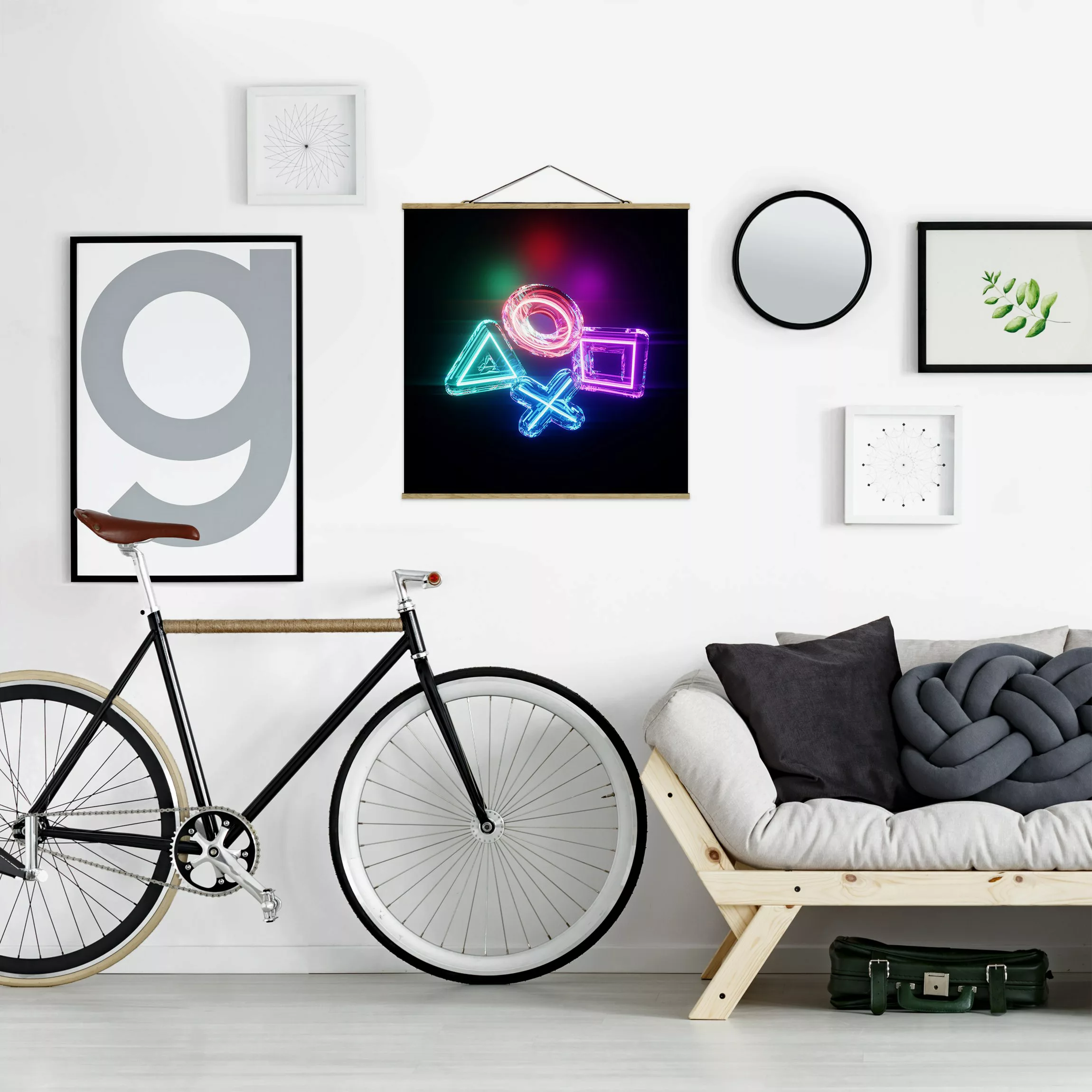Stoffbild mit Posterleisten Neon Kreis Quadrat Dreieck X günstig online kaufen