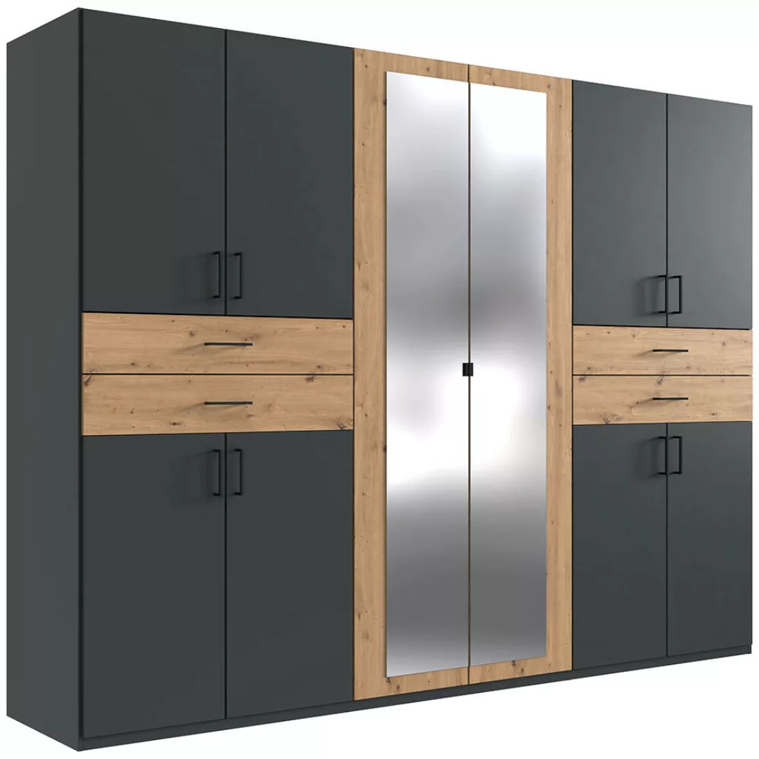 Kleiderschrank mit Spiegel, 270 cm breit modern in graphit mit Eiche TREVIS günstig online kaufen