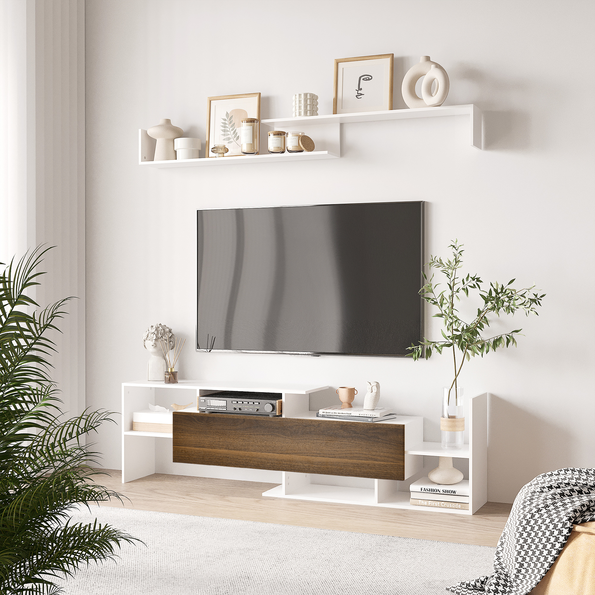 HOMCOM TV-Möbelset mit TV-Ständer und Wandregal im zeitgenössischen Stil 15 günstig online kaufen