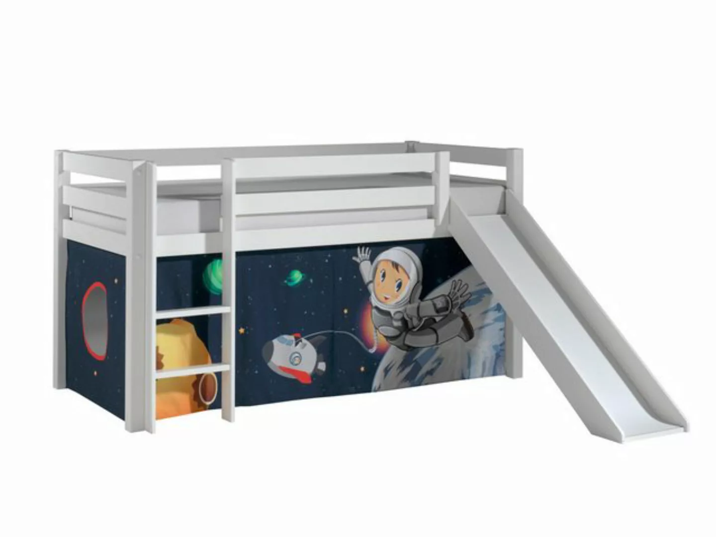 Lomadox Hochbett PINOO-12 Spaceman in Kiefer massiv weiß lackiert 210/114/2 günstig online kaufen