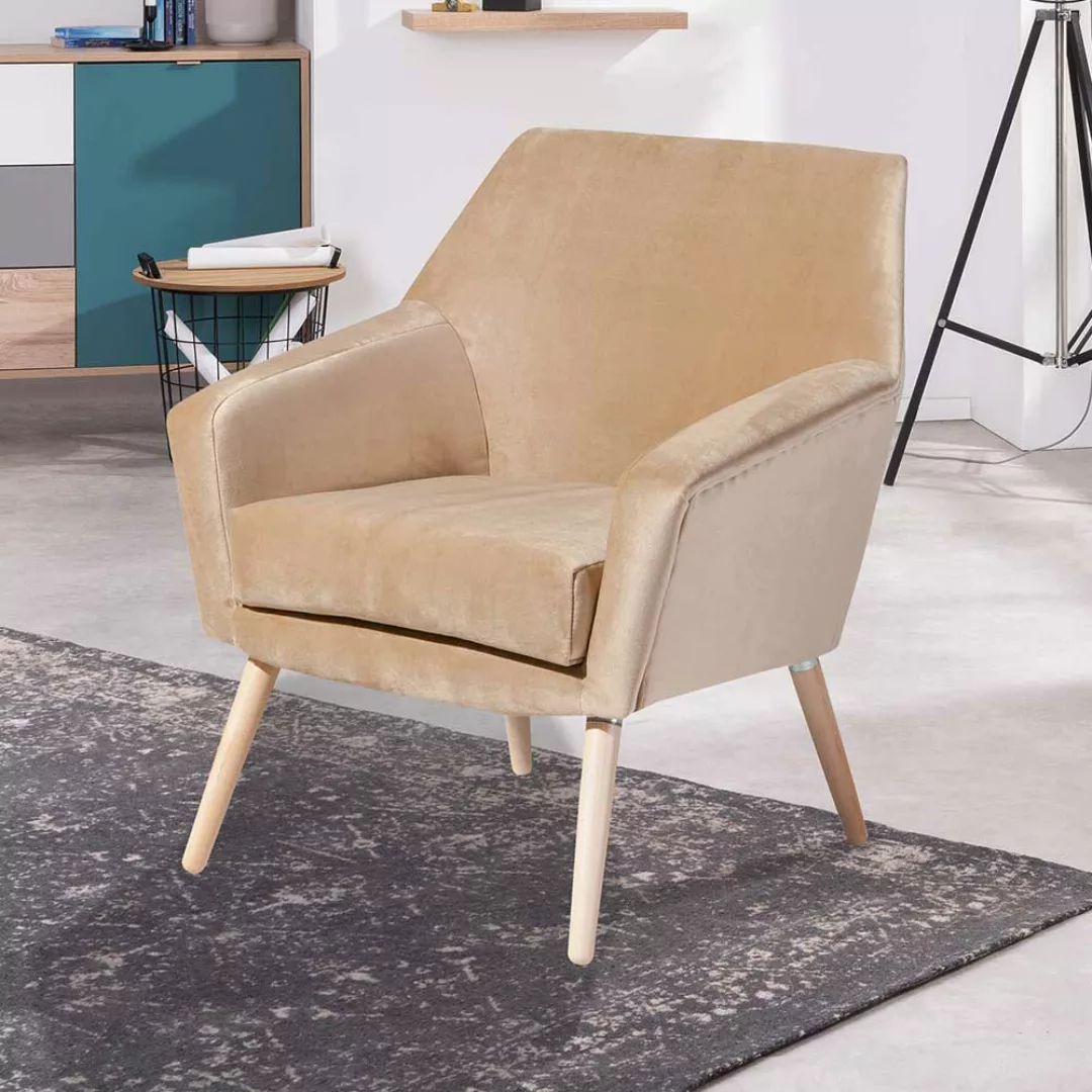 Sessel Beige Samtvelours im Retrostil Vierfußgestell aus Holz günstig online kaufen