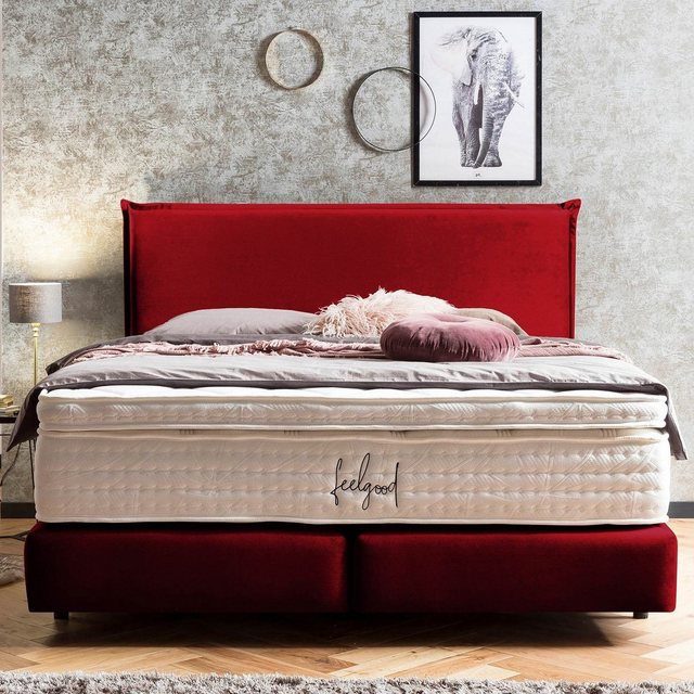 BettCo Boxspringbett London (in Rot Samt, 200 x 200 cm), Kopfteil mit Biese günstig online kaufen