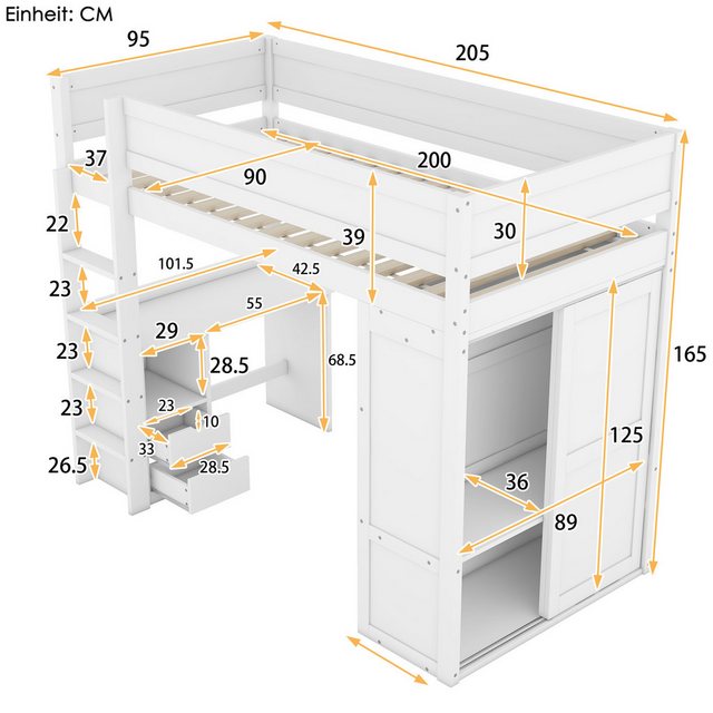 TavilaEcon Hochbett aus massivem Kiefernholz und MDF, mit Kleiderschrank un günstig online kaufen