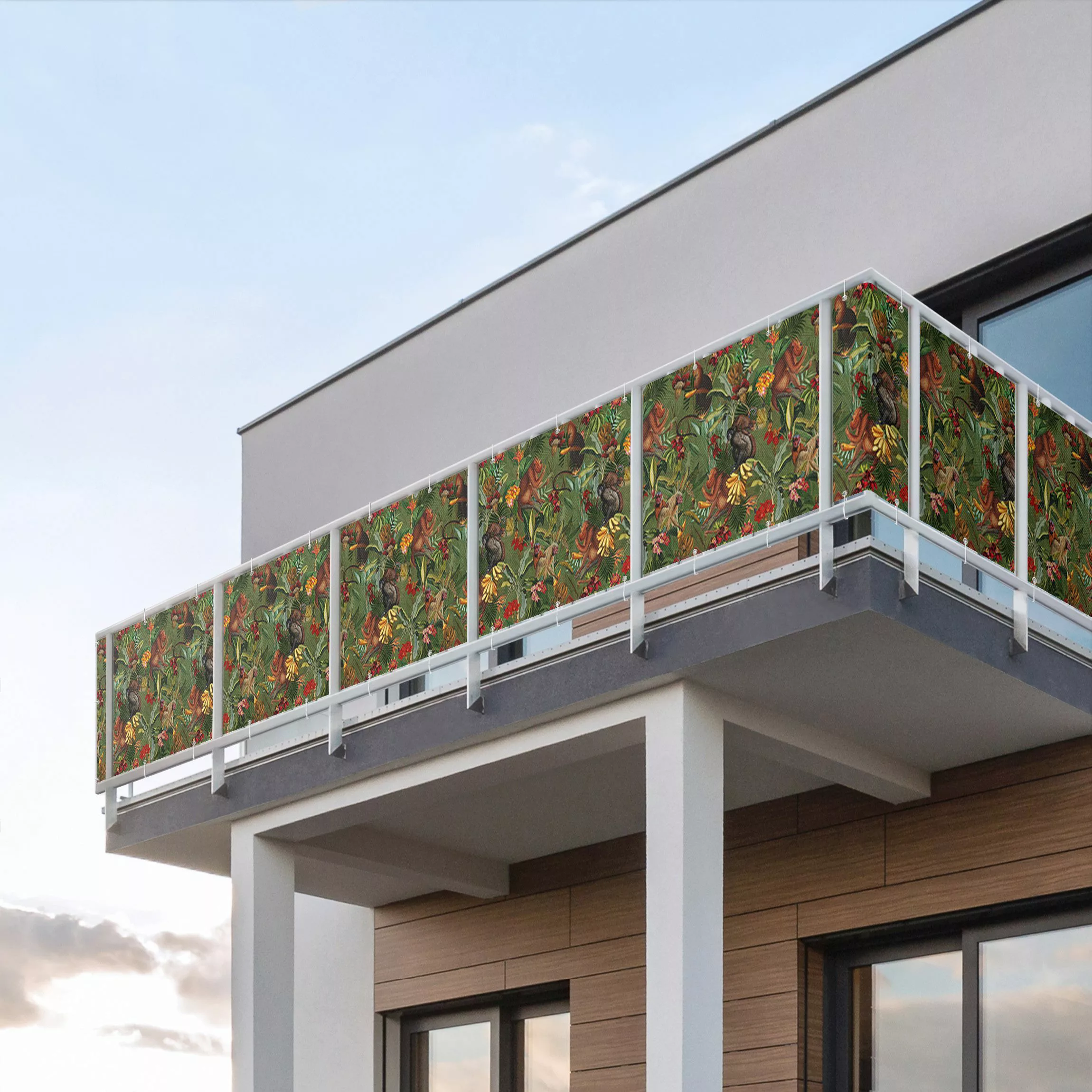 Balkon Sichtschutz Tropische Blumen mit Affen günstig online kaufen
