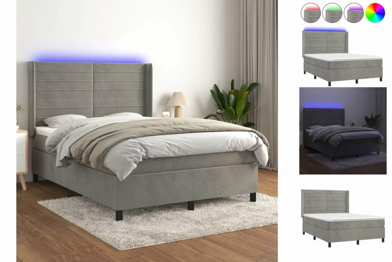 vidaXL Boxspringbett Boxspringbett mit Matratze und LED Samt (140 x 190 cm, günstig online kaufen