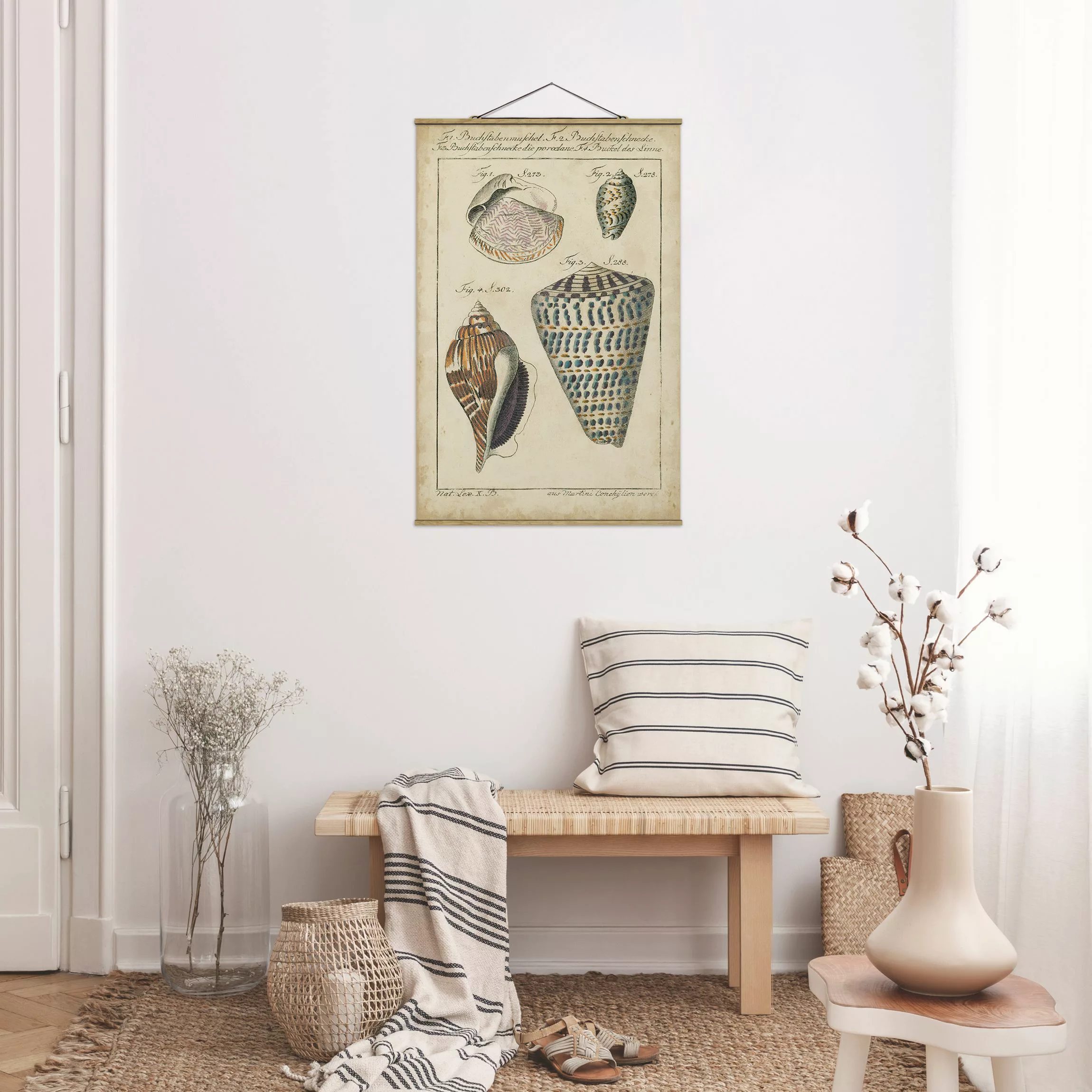 Stoffbild Strand mit Posterleisten - Hochformat Vintage Muschel Zeichnung B günstig online kaufen