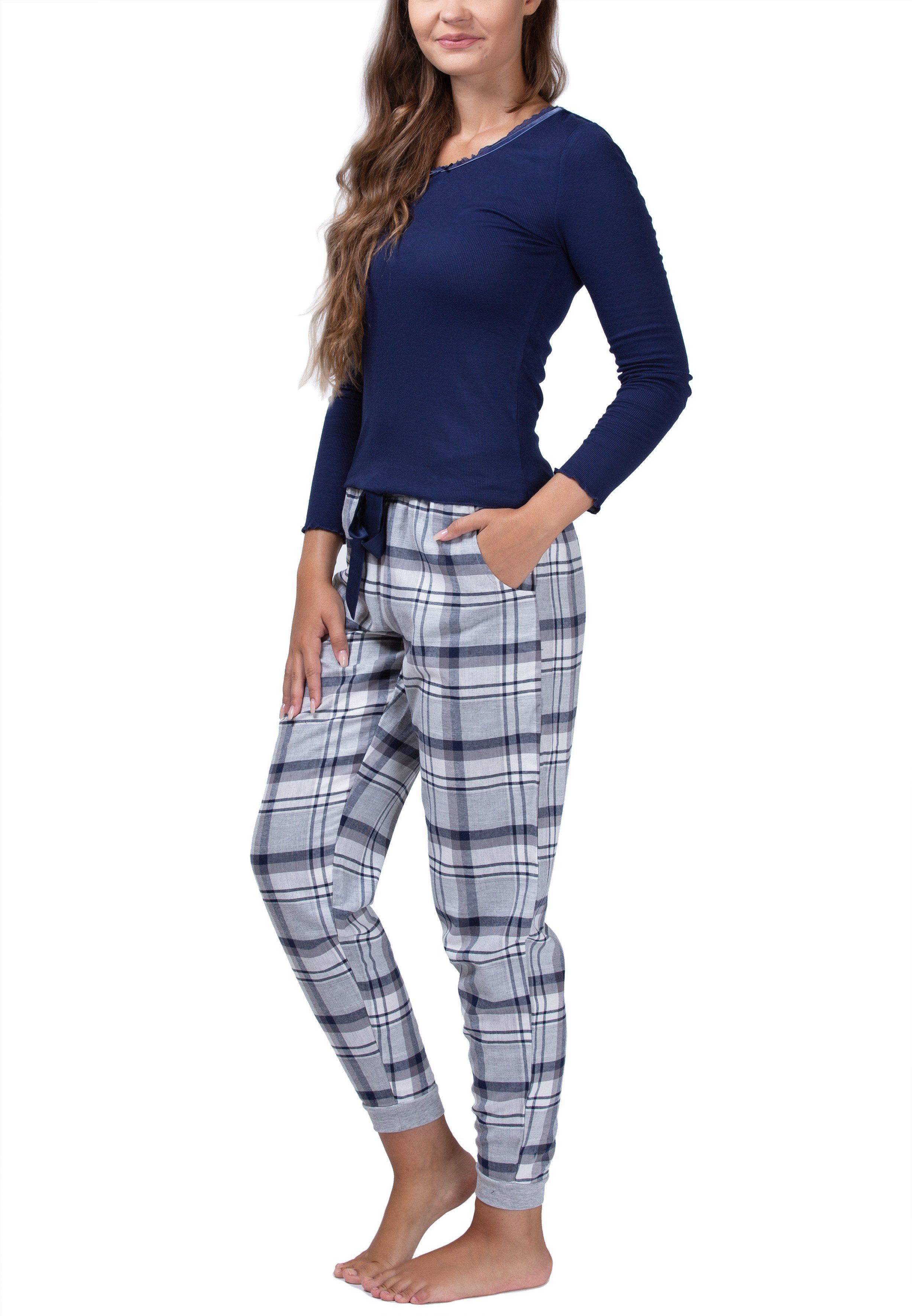 maluuna Pyjama Damen Schlafanzug mit Flanellhose günstig online kaufen