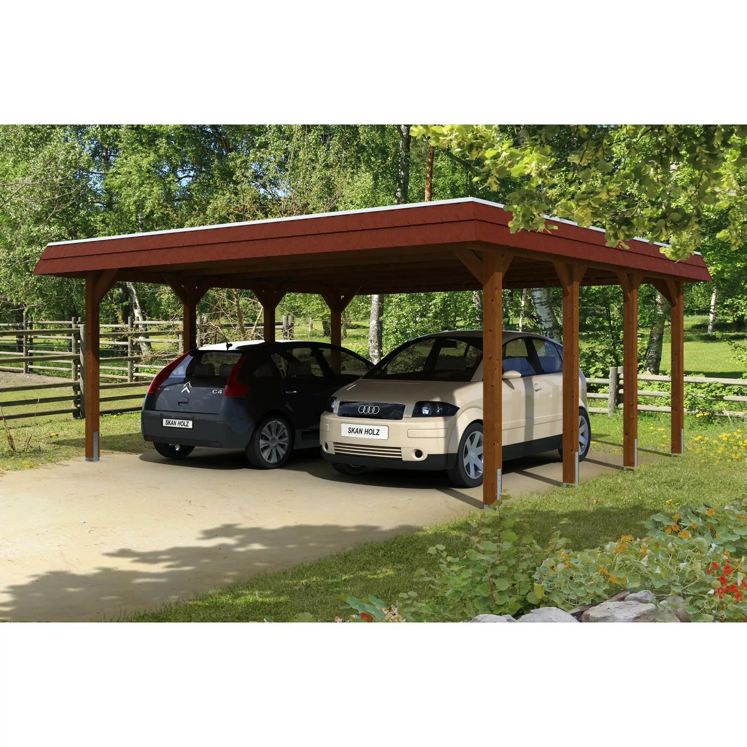 Skan Holz Carport Spreewald 585 cm x 589 cm rote Blende Nussbaum günstig online kaufen