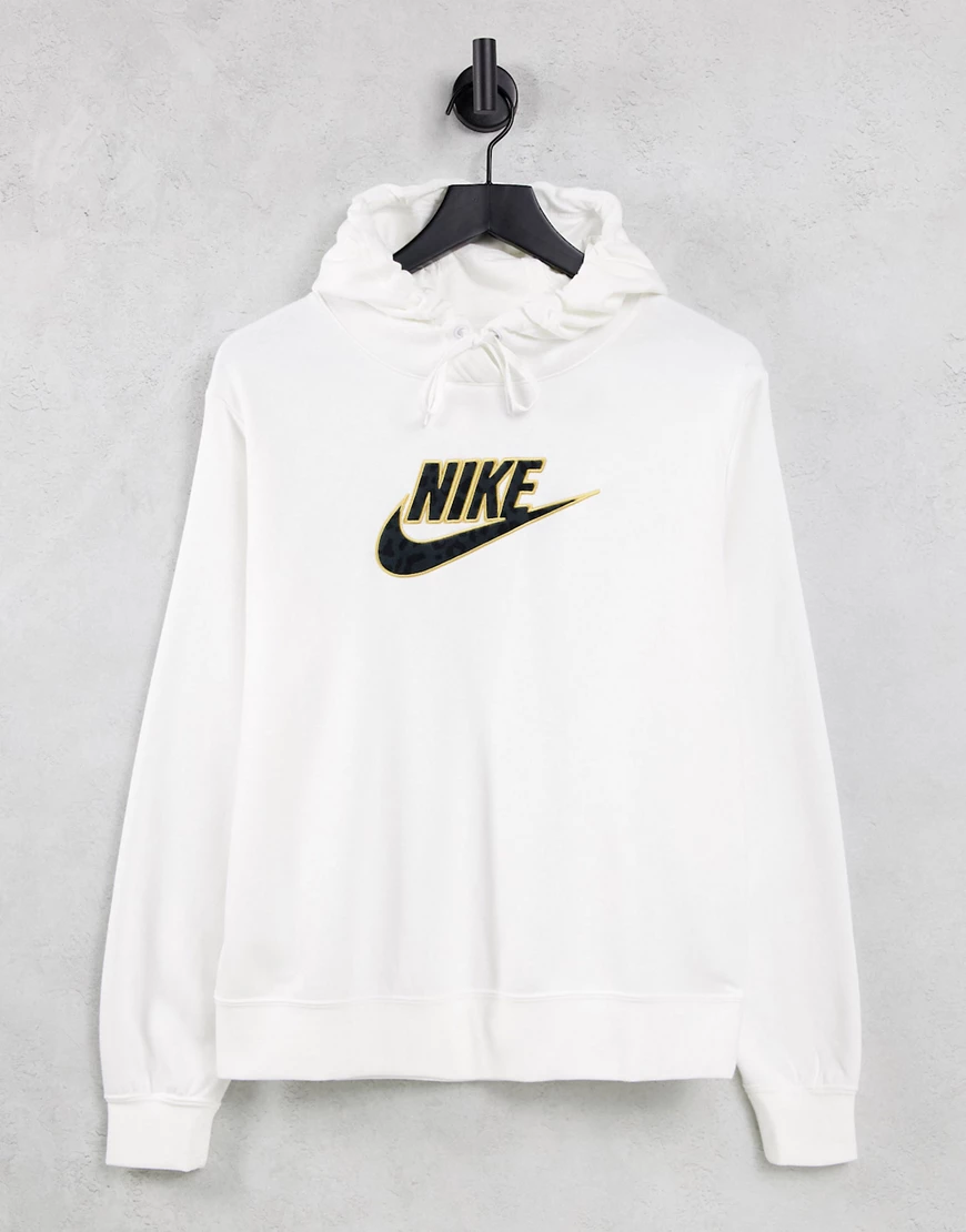 Nike – Futura – Kapuzenpullover in Weiß mit Swoosh-Logo und Leopardenmuster günstig online kaufen